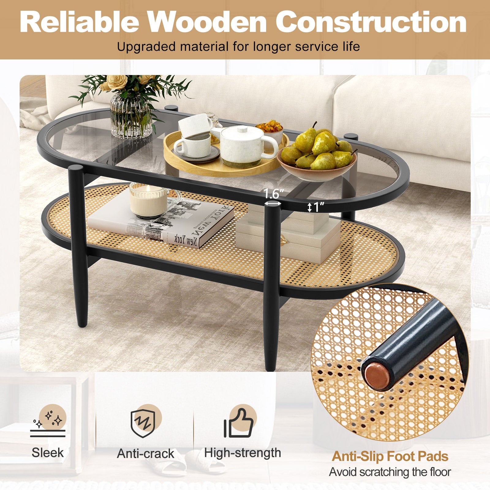 2-Tier Coffee Table with Tempered Glass Tabletop and Acacia Wood Frame, Black Coffee Tables at Gallery Canada