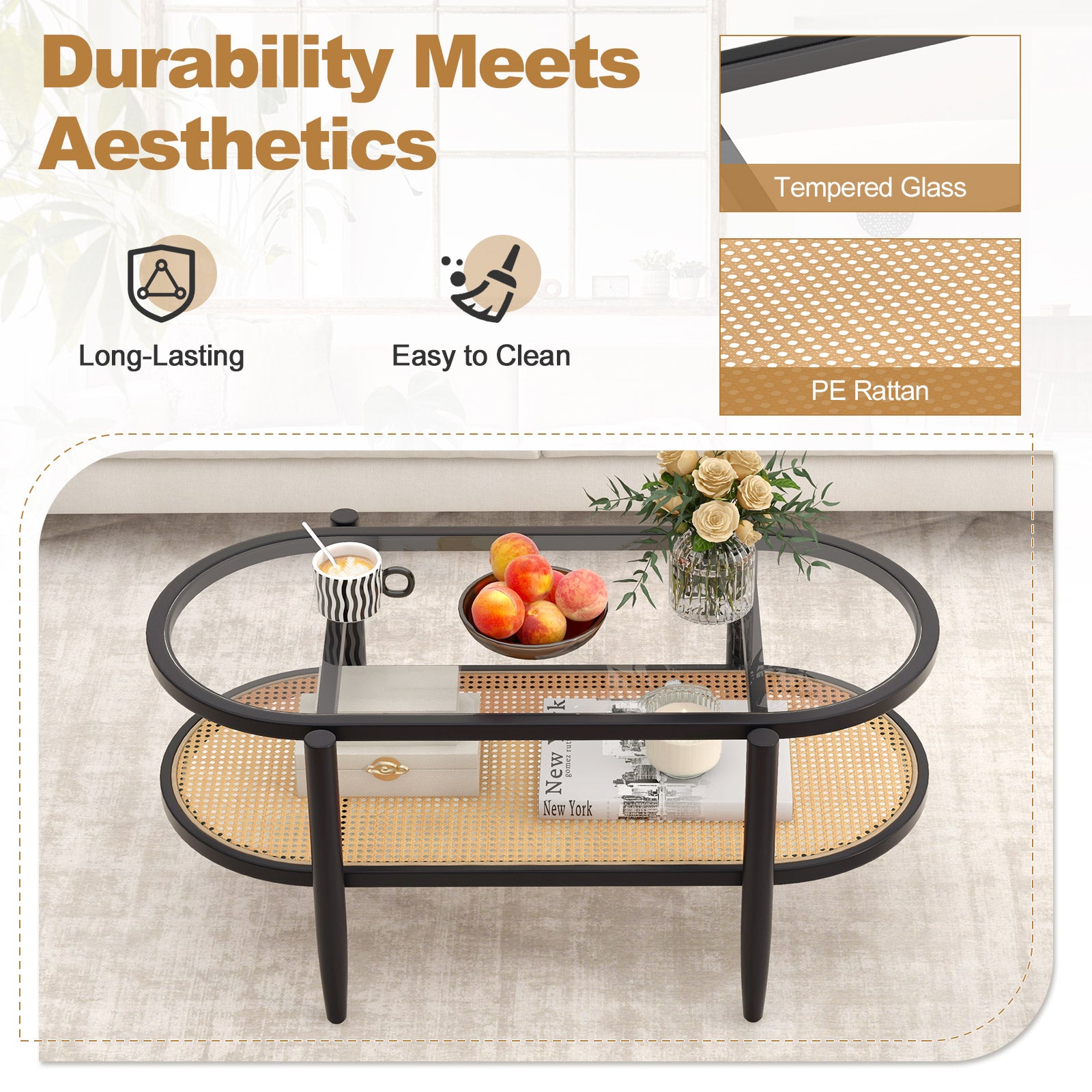 2-Tier Coffee Table with Tempered Glass Tabletop and Acacia Wood Frame, Black Coffee Tables at Gallery Canada