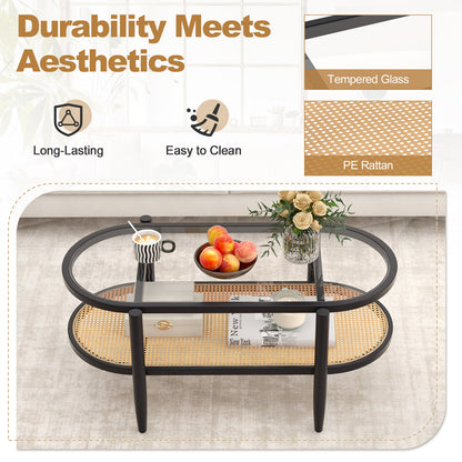 2-Tier Coffee Table with Tempered Glass Tabletop and Acacia Wood Frame, Black Coffee Tables at Gallery Canada