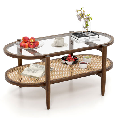 2-Tier Coffee Table with Tempered Glass Tabletop and Acacia Wood Frame, Brown Coffee Tables at Gallery Canada