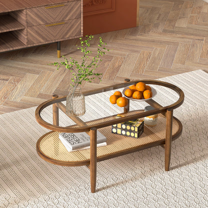 2-Tier Coffee Table with Tempered Glass Tabletop and Acacia Wood Frame, Brown Coffee Tables at Gallery Canada