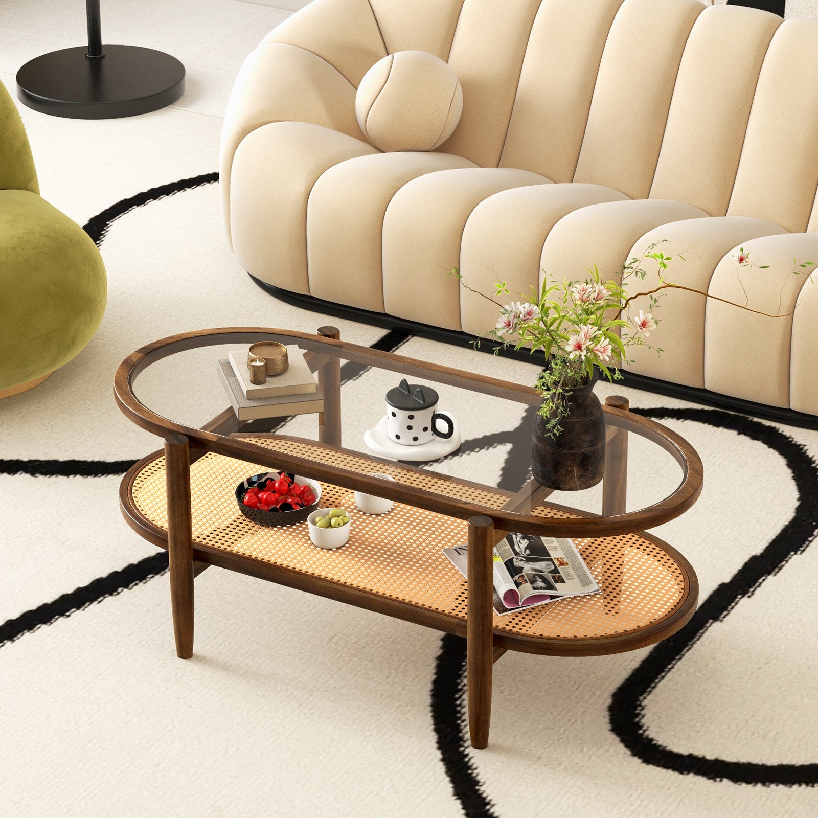 2-Tier Coffee Table with Tempered Glass Tabletop and Acacia Wood Frame, Brown Coffee Tables at Gallery Canada