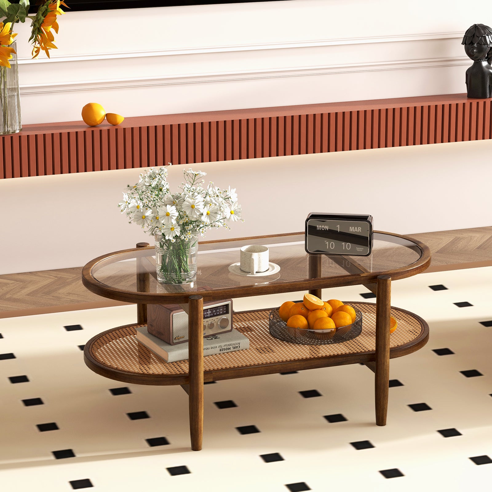 2-Tier Coffee Table with Tempered Glass Tabletop and Acacia Wood Frame, Brown Coffee Tables at Gallery Canada