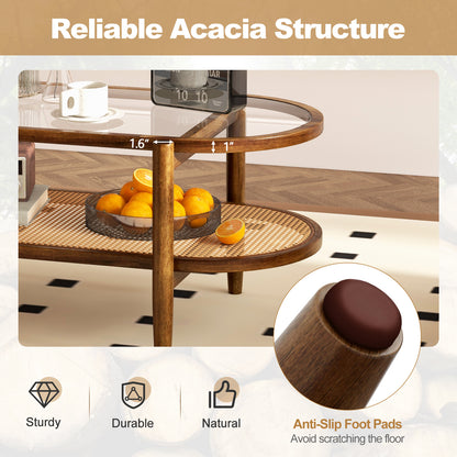 2-Tier Coffee Table with Tempered Glass Tabletop and Acacia Wood Frame, Brown Coffee Tables at Gallery Canada