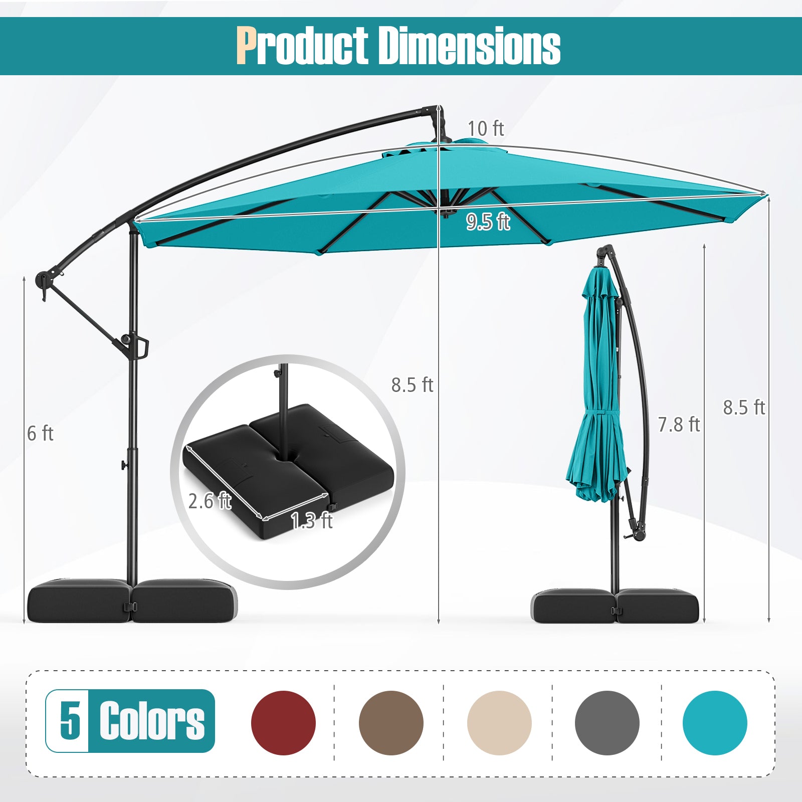 10 Feet Offset Hanging Umbrella with Base Patio Cantilever Umbrella with Tilt, Turquoise Outdoor Umbrellas at Gallery Canada