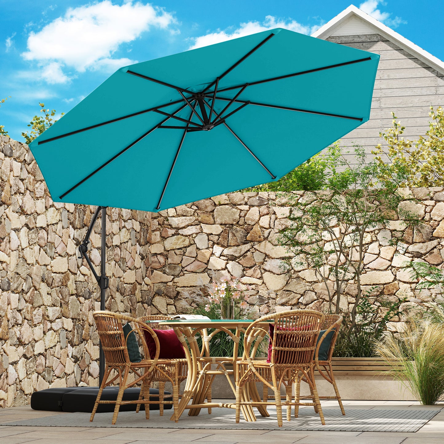 10 Feet Offset Hanging Umbrella with Base Patio Cantilever Umbrella with Tilt, Turquoise Outdoor Umbrellas at Gallery Canada
