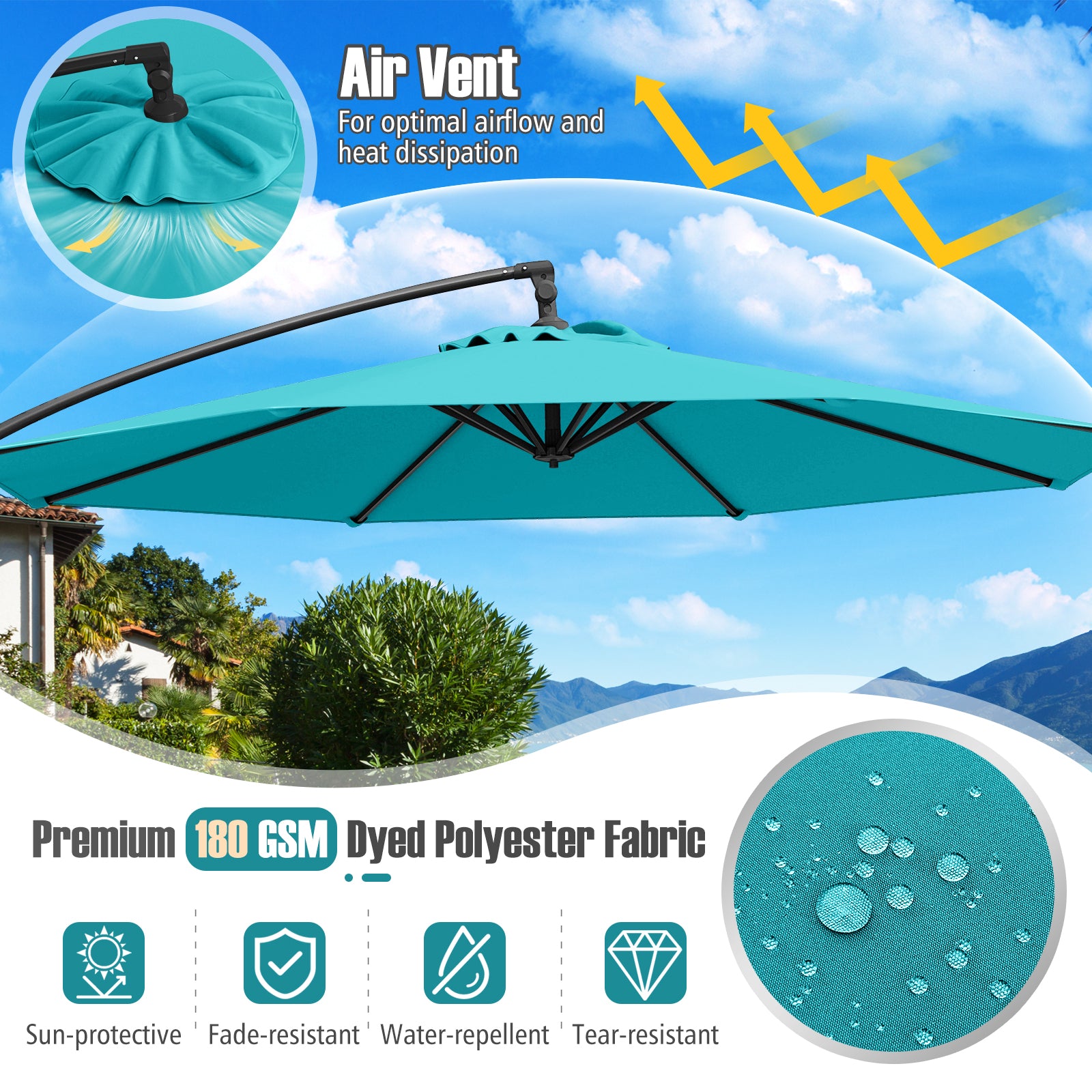 10 Feet Offset Hanging Umbrella with Base Patio Cantilever Umbrella with Tilt, Turquoise Outdoor Umbrellas at Gallery Canada