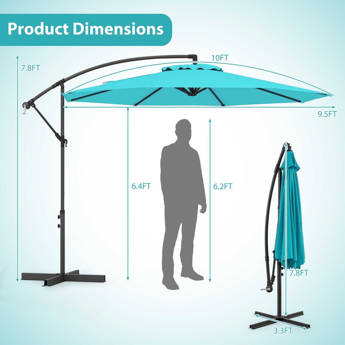 10 Feet Offset Umbrella with 8 Ribs Cantilever and Cross Base, Turquoise Outdoor Umbrellas at Gallery Canada