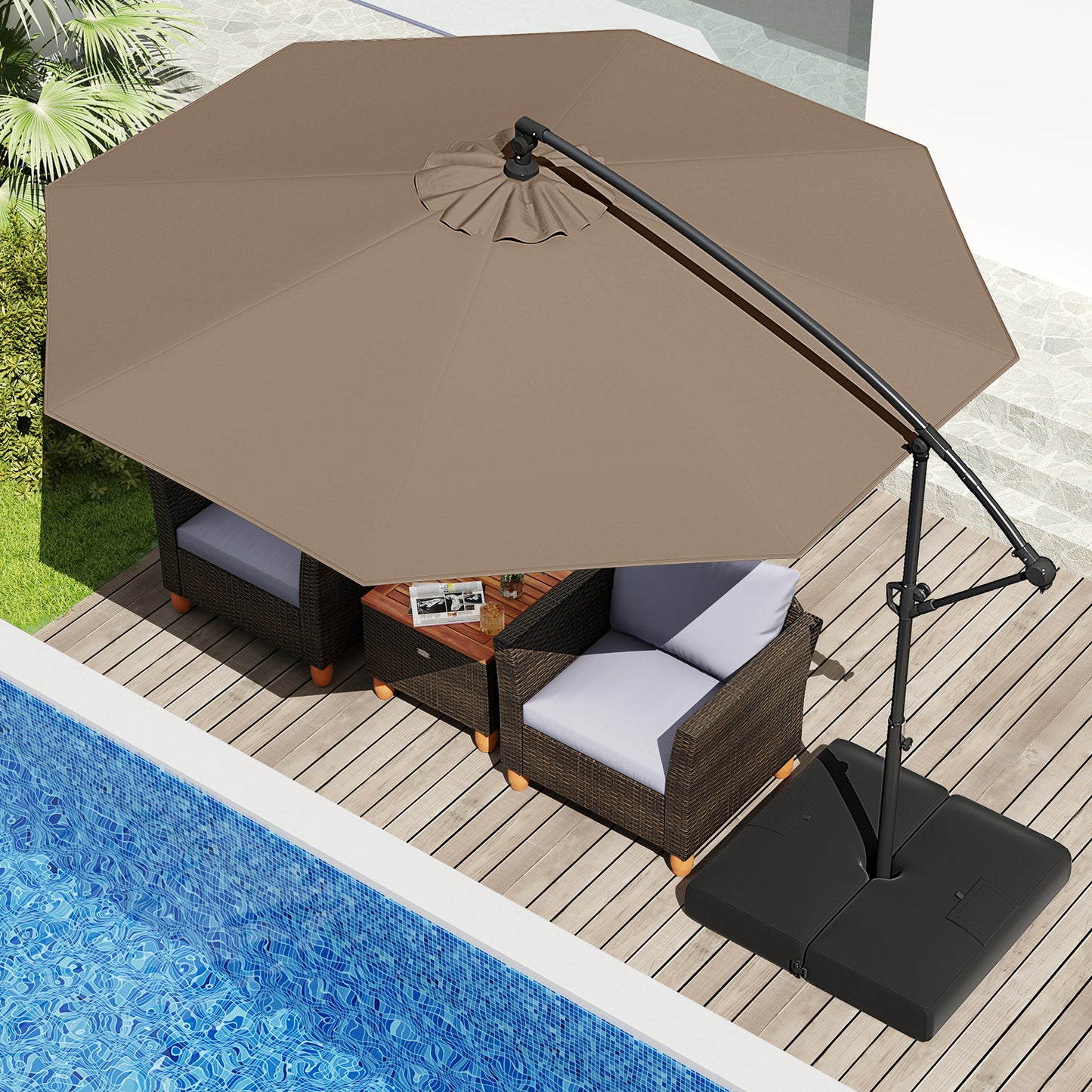10 Feet Offset Hanging Umbrella with Base Patio Cantilever Umbrella with Tilt, Taupe Outdoor Umbrellas at Gallery Canada