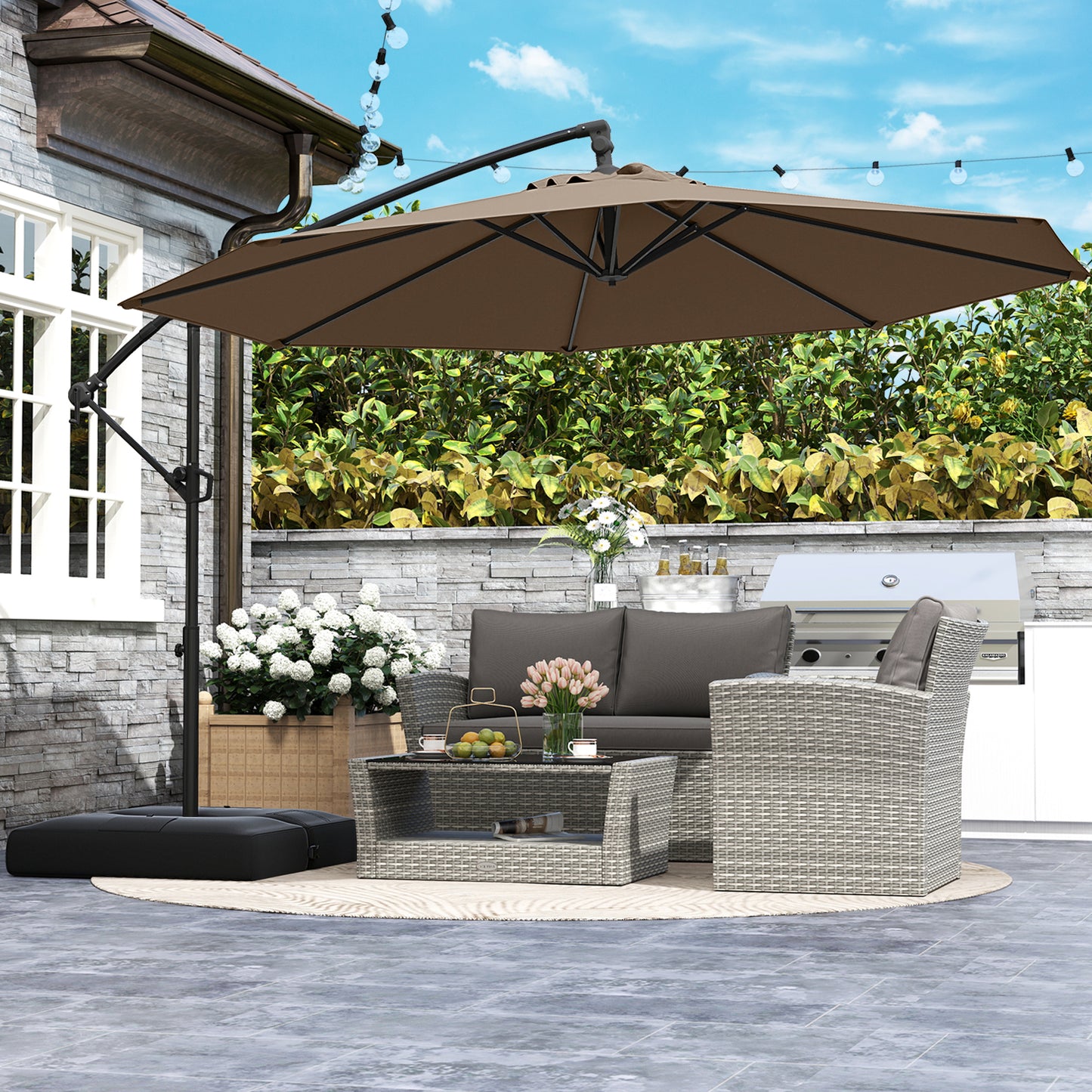 10 Feet Offset Hanging Umbrella with Base Patio Cantilever Umbrella with Tilt, Taupe Outdoor Umbrellas at Gallery Canada
