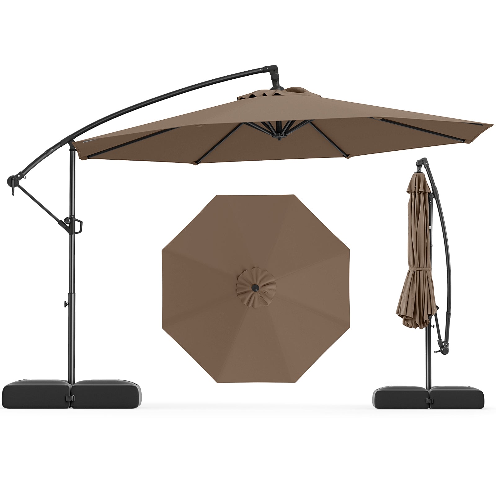 10 Feet Offset Hanging Umbrella with Base Patio Cantilever Umbrella with Tilt, Taupe Outdoor Umbrellas Taupe at Gallery Canada