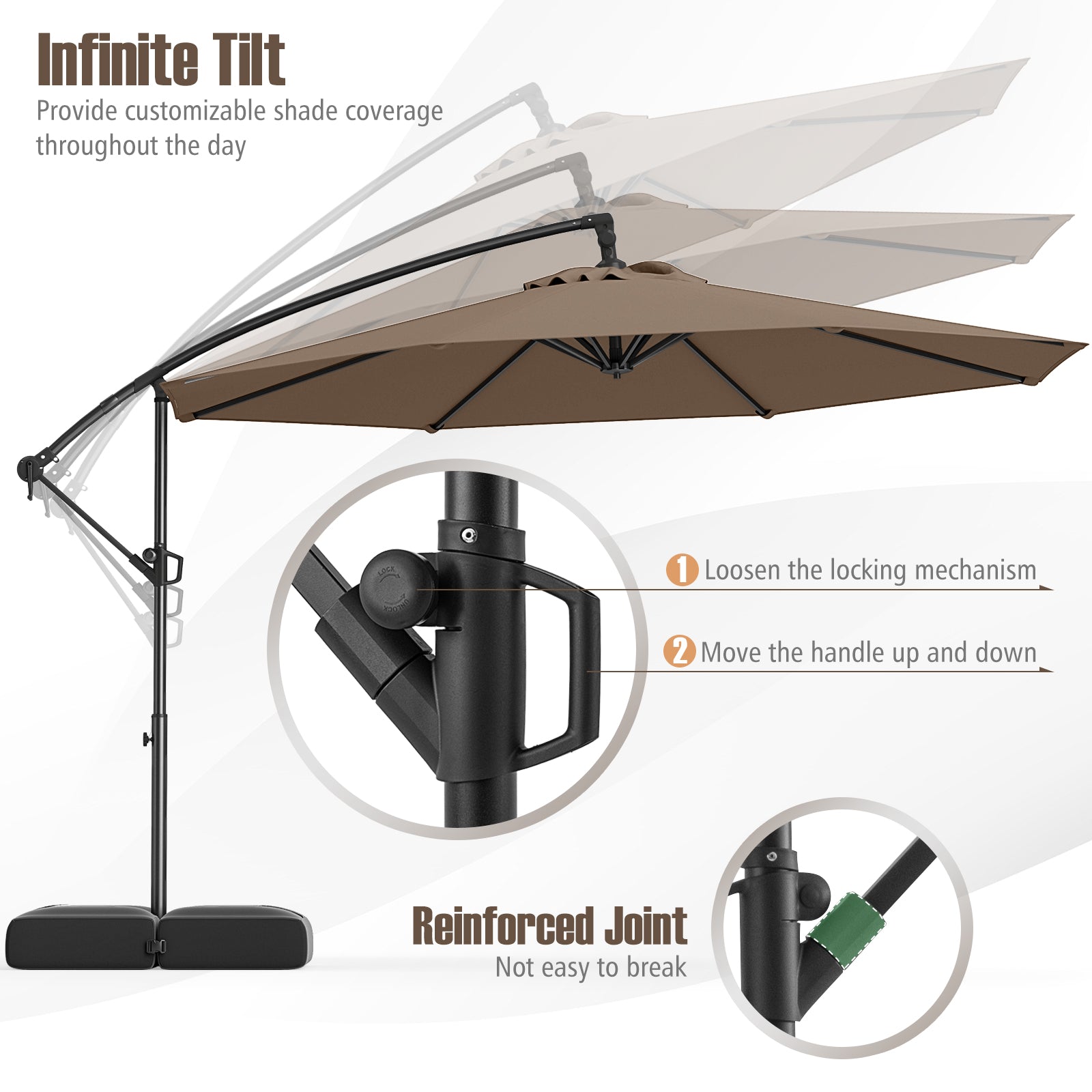 10 Feet Offset Hanging Umbrella with Base Patio Cantilever Umbrella with Tilt, Taupe Outdoor Umbrellas at Gallery Canada