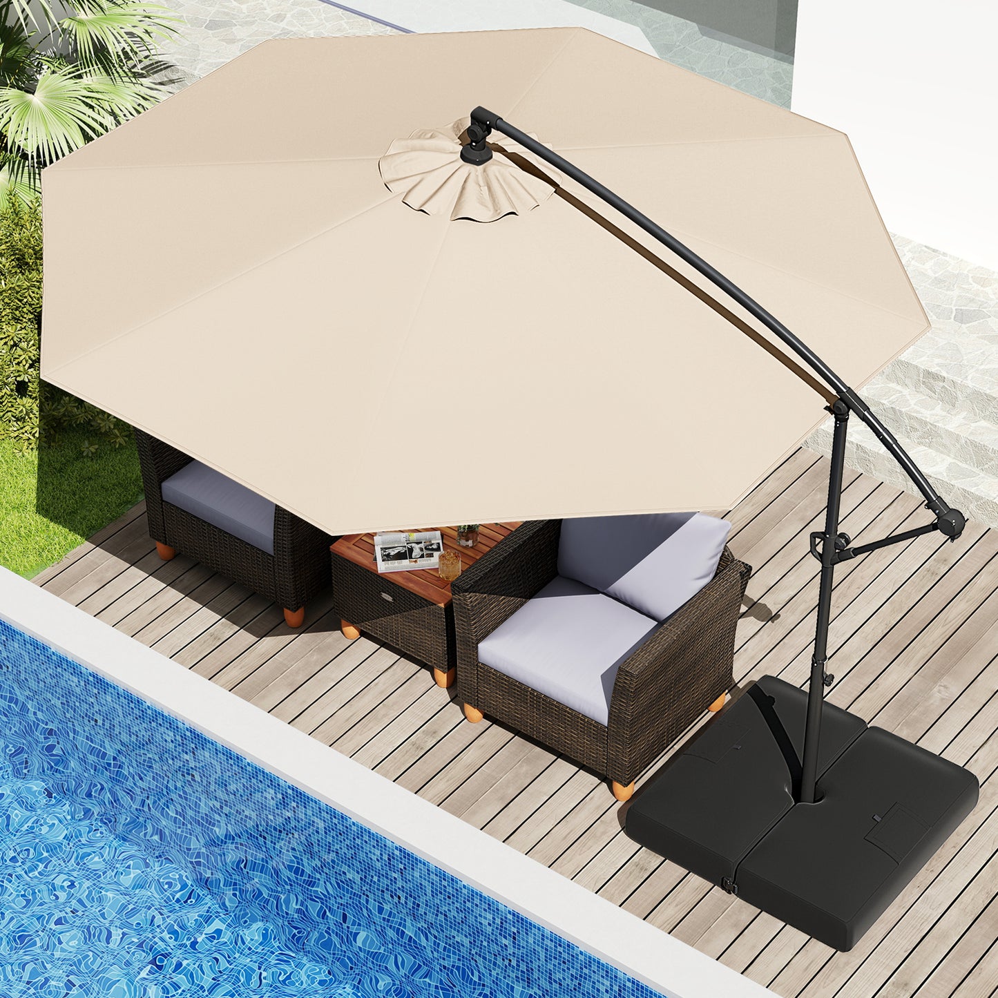 10 Feet Offset Hanging Umbrella with Base Patio Cantilever Umbrella with Tilt, Beige Outdoor Umbrellas at Gallery Canada