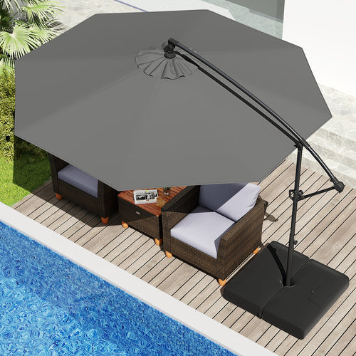 10 Feet Offset Hanging Umbrella with Base Patio Cantilever Umbrella with Tilt, Gray