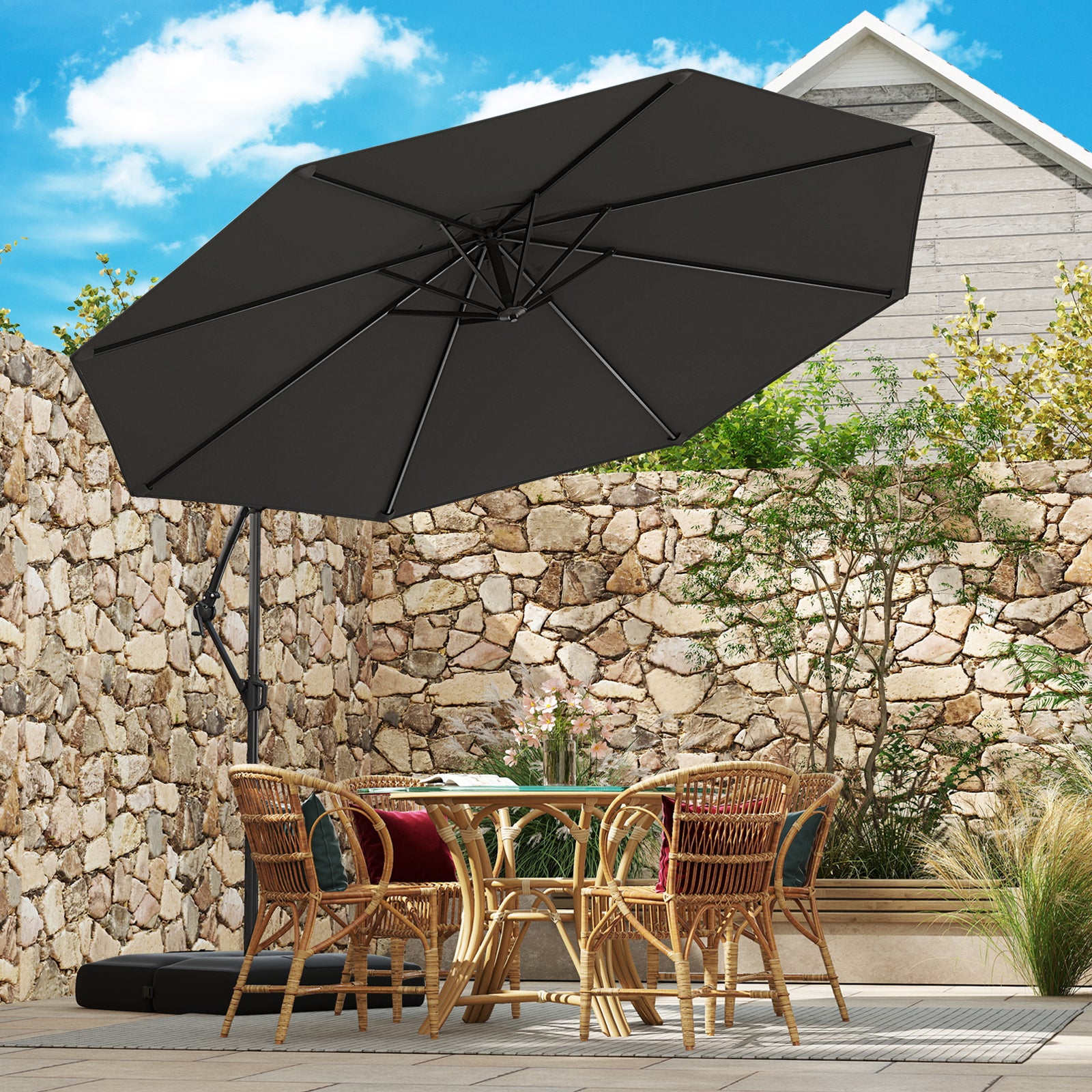 10 Feet Offset Hanging Umbrella with Base Patio Cantilever Umbrella with Tilt, Gray Outdoor Umbrellas at Gallery Canada