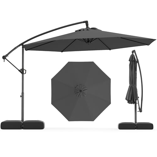 10 Feet Offset Hanging Umbrella with Base Patio Cantilever Umbrella with Tilt, Gray