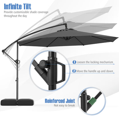 10 Feet Offset Hanging Umbrella with Base Patio Cantilever Umbrella with Tilt, Gray Outdoor Umbrellas at Gallery Canada