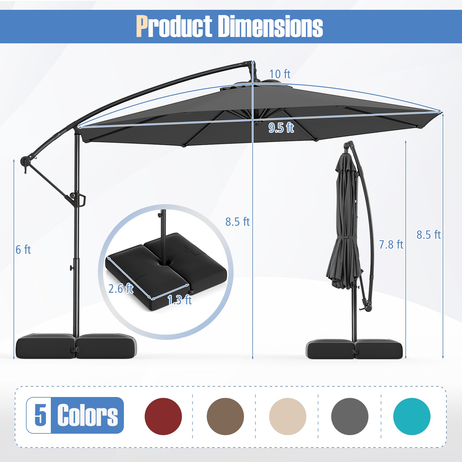 10 Feet Offset Hanging Umbrella with Base Patio Cantilever Umbrella with Tilt, Gray Outdoor Umbrellas at Gallery Canada
