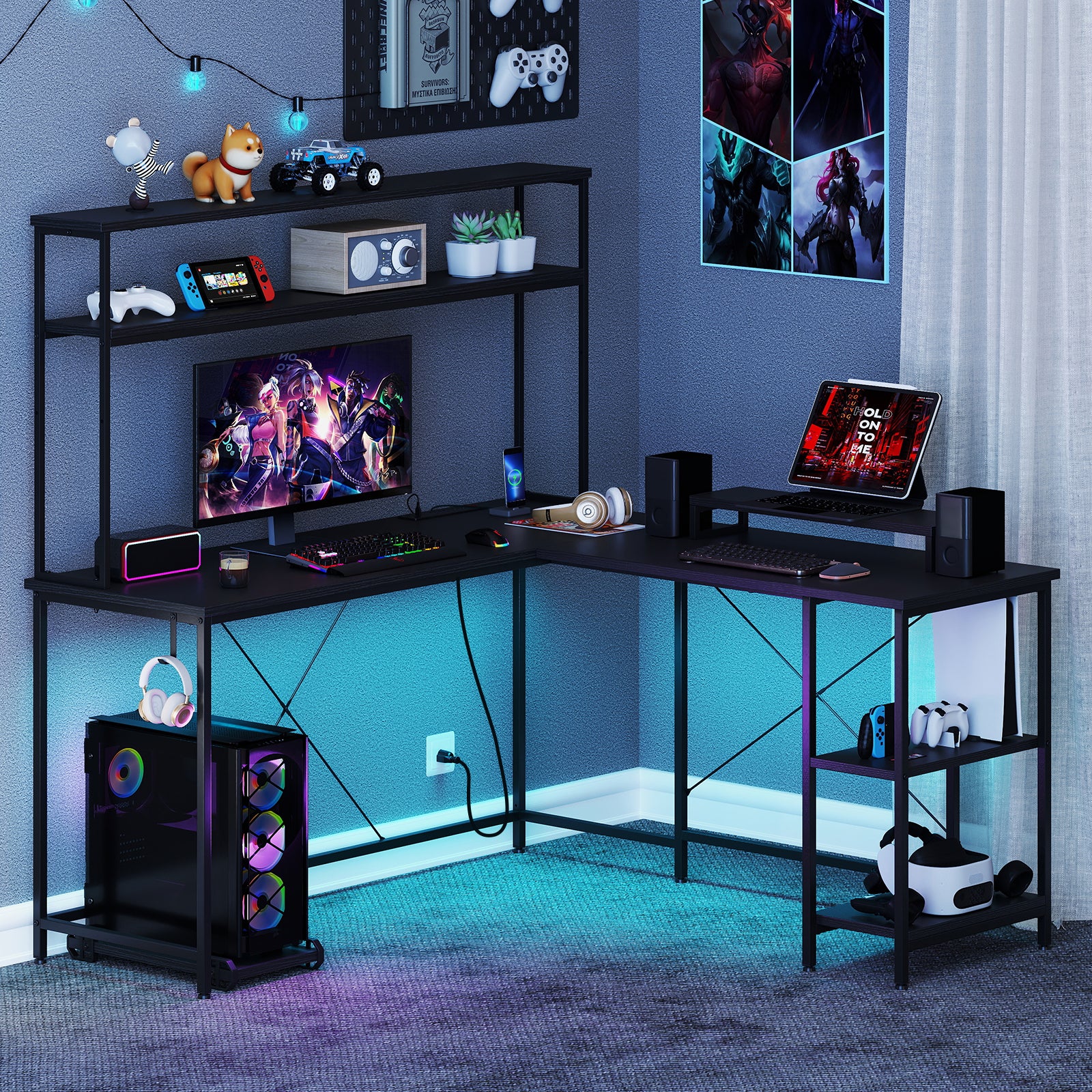 L-Shaped Reversible Gaming Desk with LED Strip and Power Outlets Hutch Monitor Stand, Black L-Shaped Desks at Gallery Canada