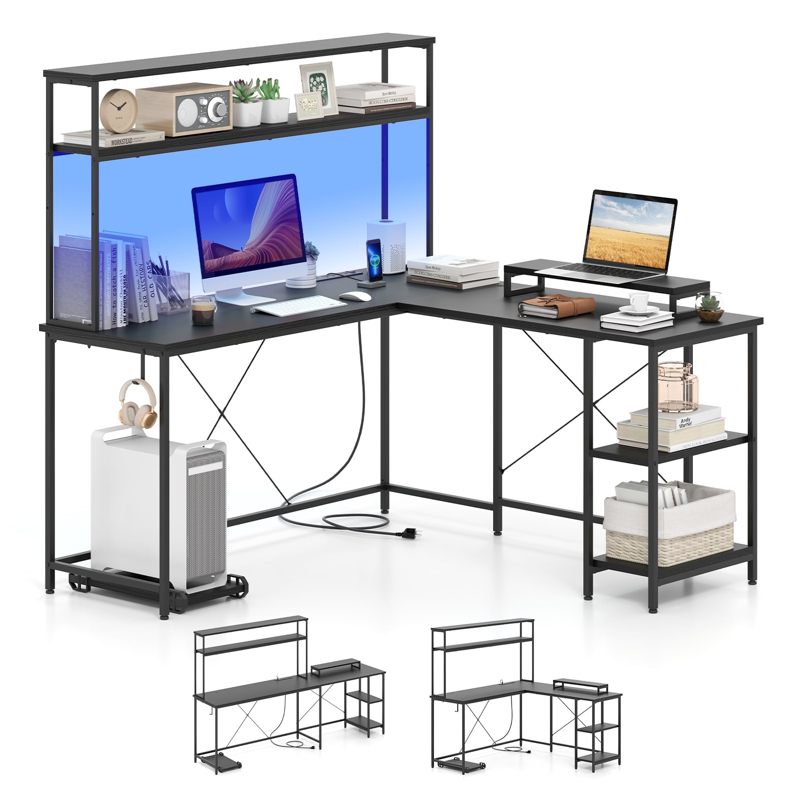 L-Shaped Reversible Gaming Desk With LED Strip, Power Outlets, Black L-Shaped Desks Black at Gallery Canada