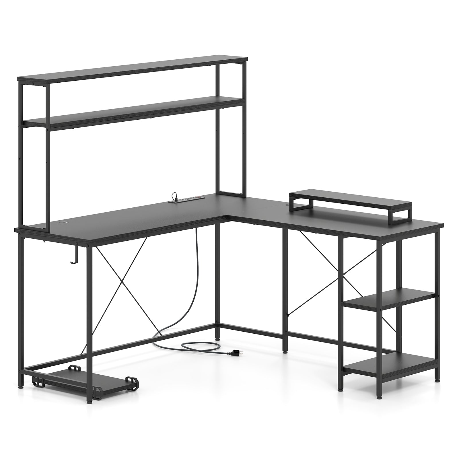L-Shaped Reversible Gaming Desk with LED Strip and Power Outlets Hutch Monitor Stand, Black L-Shaped Desks at Gallery Canada