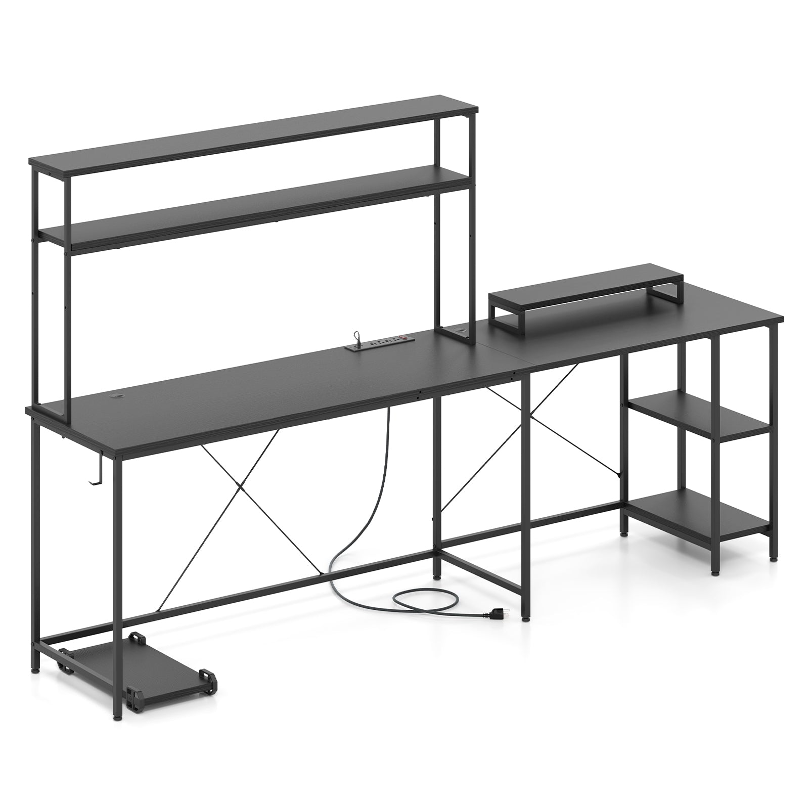 L-Shaped Reversible Gaming Desk with LED Strip and Power Outlets Hutch Monitor Stand, Black L-Shaped Desks at Gallery Canada