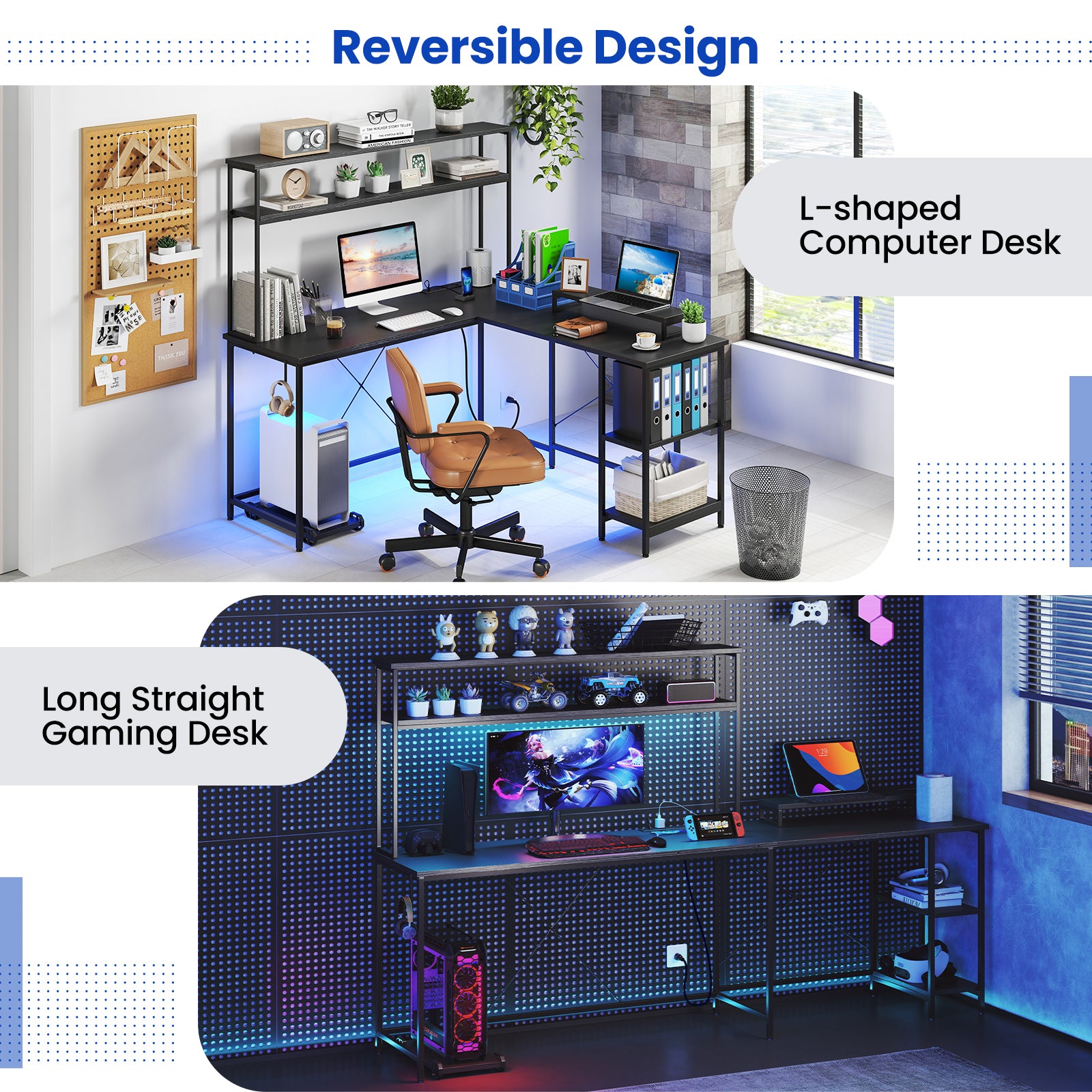 L-Shaped Reversible Gaming Desk with LED Strip and Power Outlets Hutch Monitor Stand, Black L-Shaped Desks at Gallery Canada
