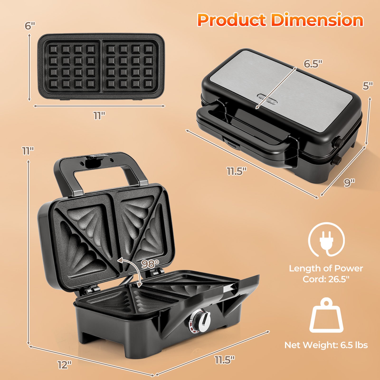 3-in-1 1082W Sandwich Maker with Removable Non-Stick Plates, Black Small Appliances at Gallery Canada