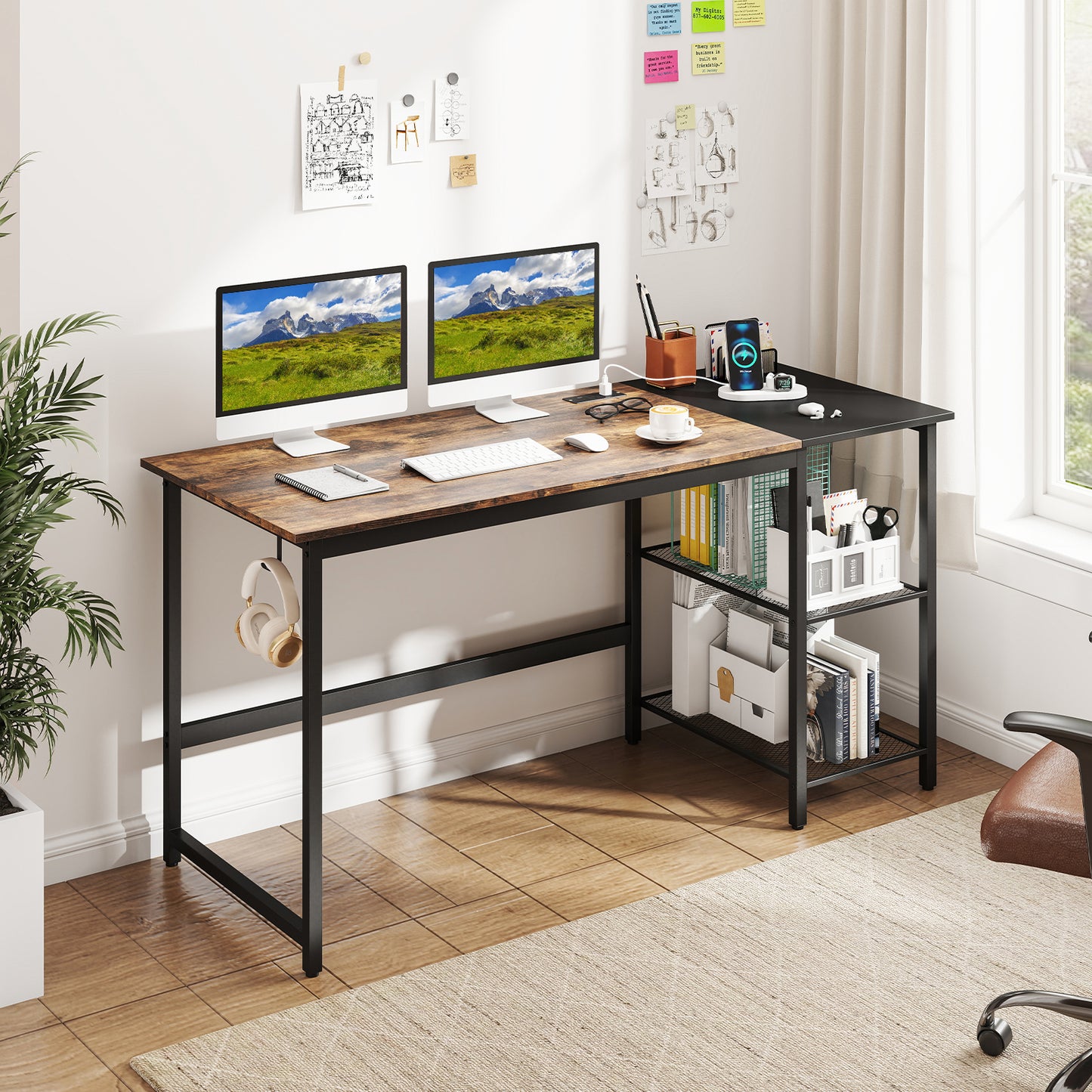 59 Inch Home Office Computer Desk with Removable Storage Shelves, Rustic Brown Computer Desks at Gallery Canada