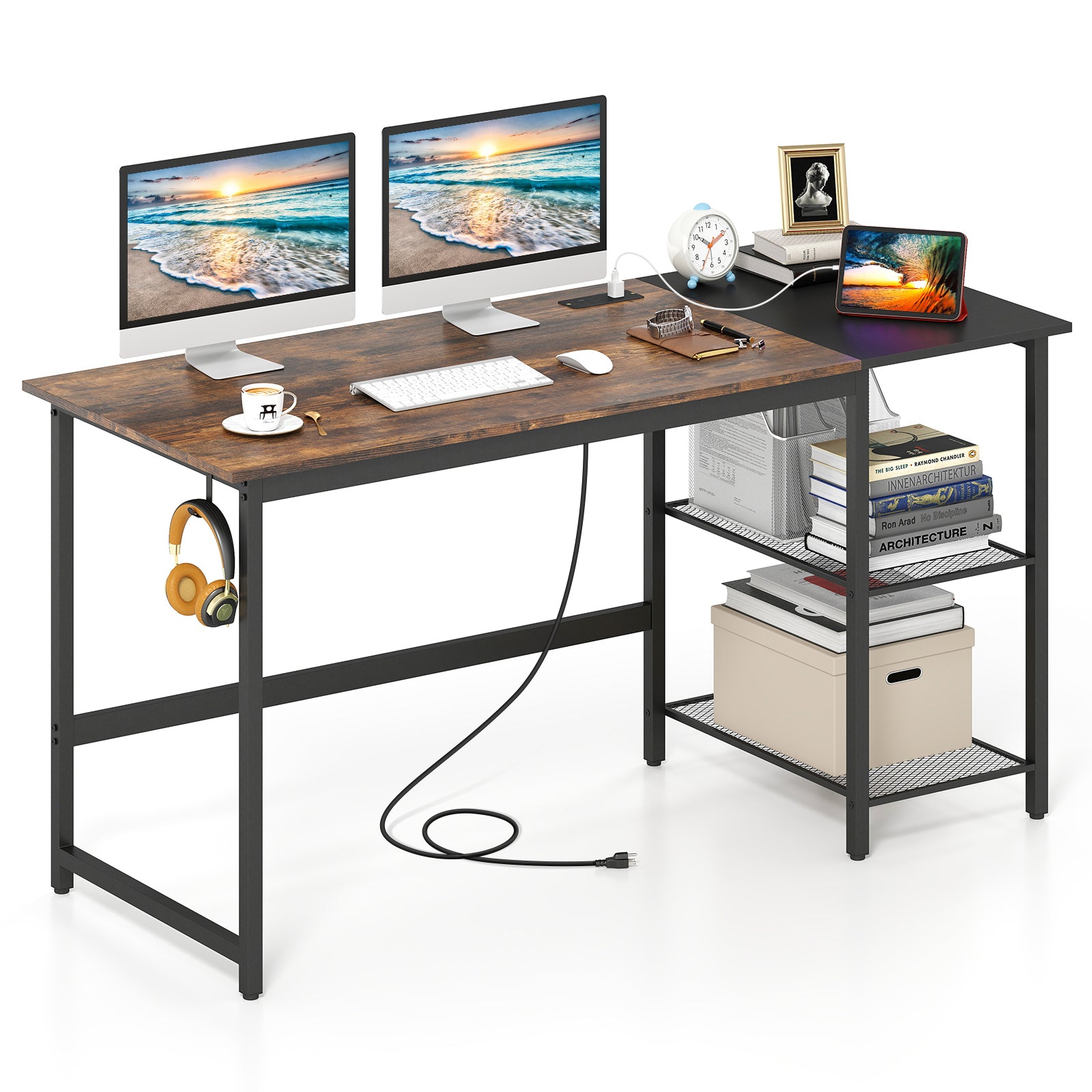 59 Inch Home Office Computer Desk with Removable Storage Shelves, Rustic Brown Computer Desks at Gallery Canada