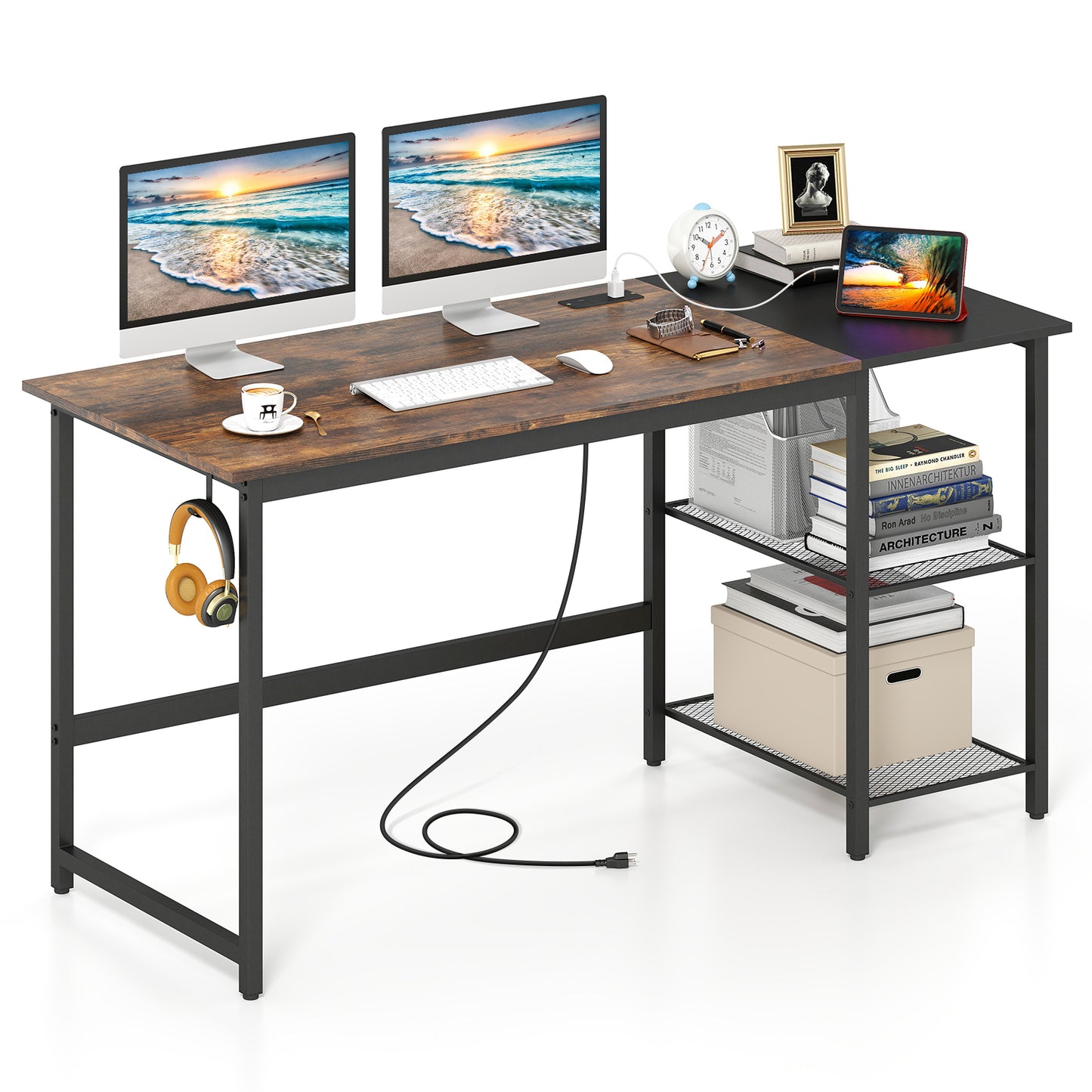 59 Inch Home Office Computer Desk with Removable Storage Shelves, Rustic Brown Computer Desks at Gallery Canada