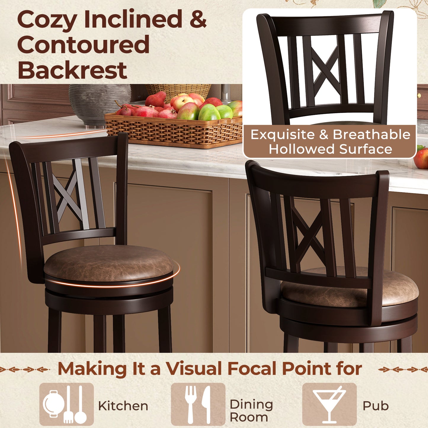 Swivel Bar Stools Set Of 2, 30 Inches, With Footrest And Hollowed Backrest Bar Stools at Gallery Canada
