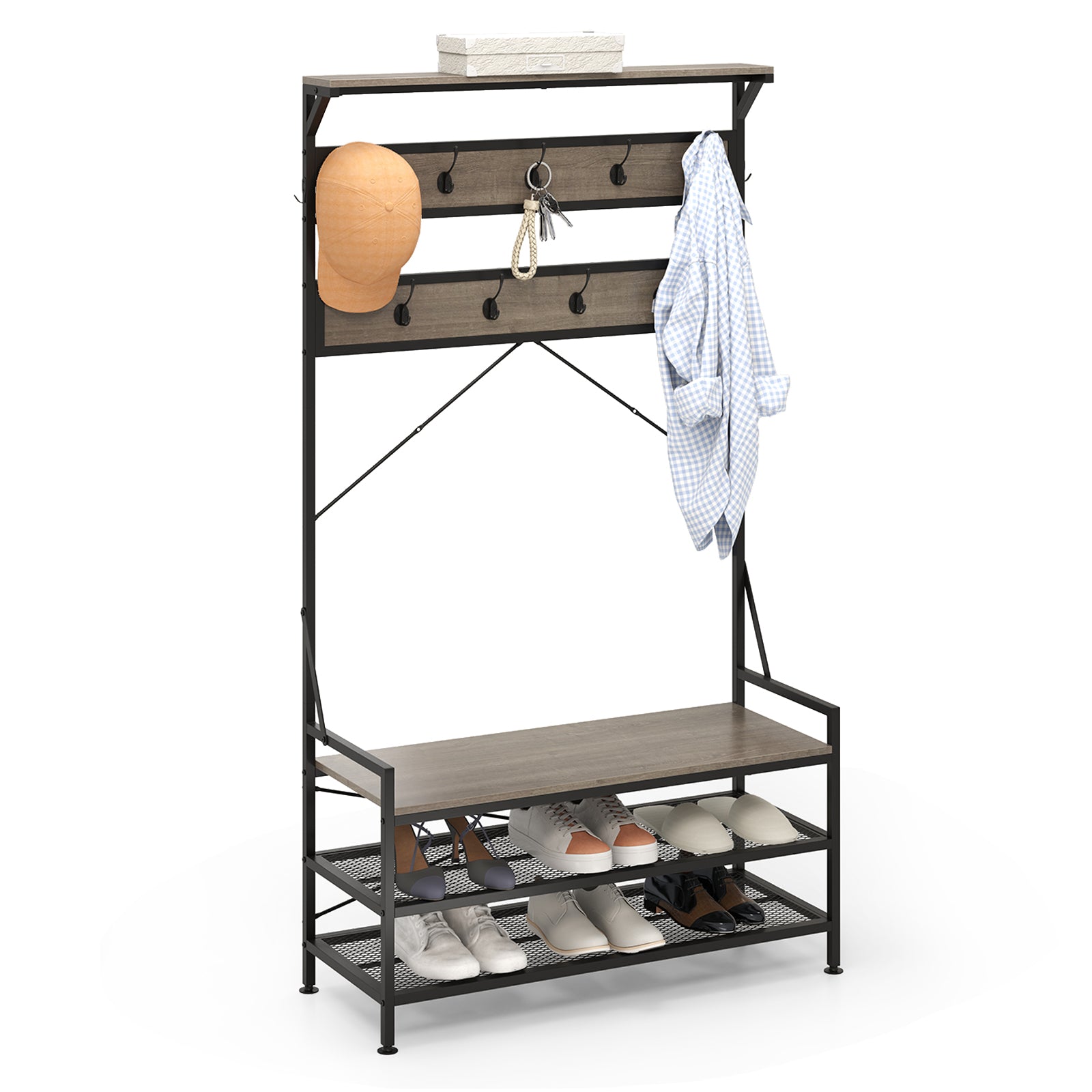 Coat Rack 4-In-1 Hall Tree with 11 Hanging Hooks Shoe Bench, Gray Coat Racks & Hall Trees at Gallery Canada