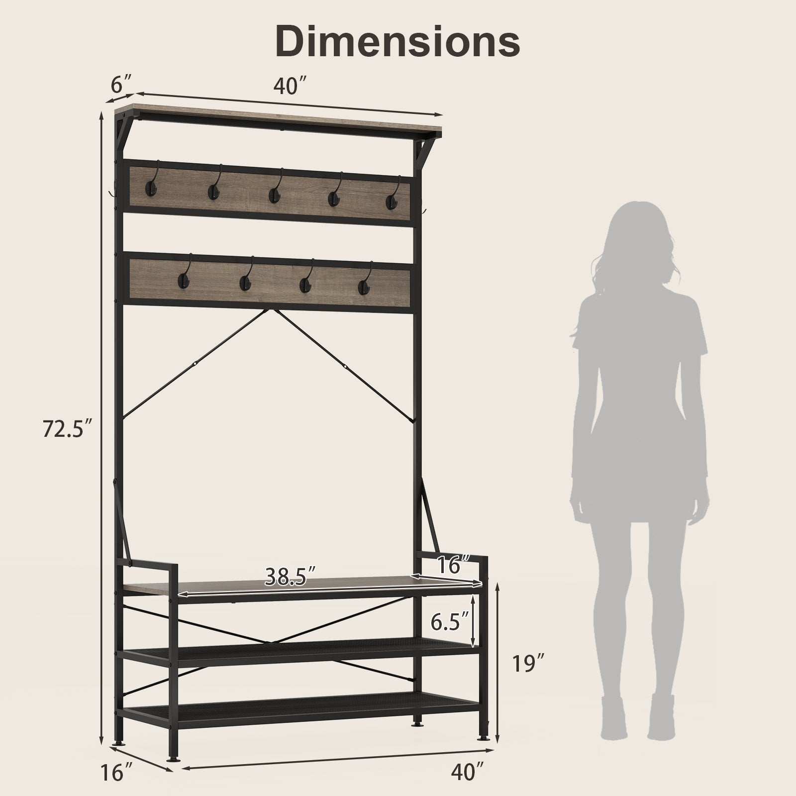 Coat Rack 4-In-1 Hall Tree with 11 Hanging Hooks Shoe Bench, Gray Coat Racks & Hall Trees at Gallery Canada