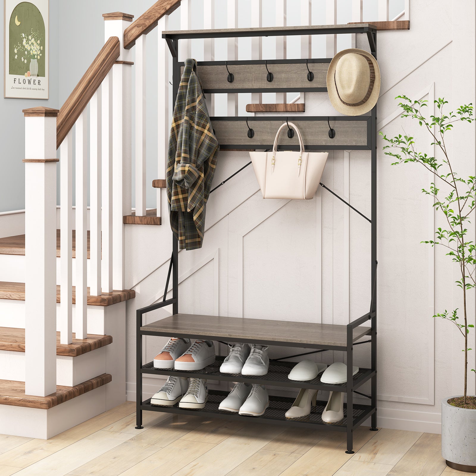Coat Rack 4-In-1 Hall Tree with 11 Hanging Hooks Shoe Bench, Gray Coat Racks & Hall Trees at Gallery Canada