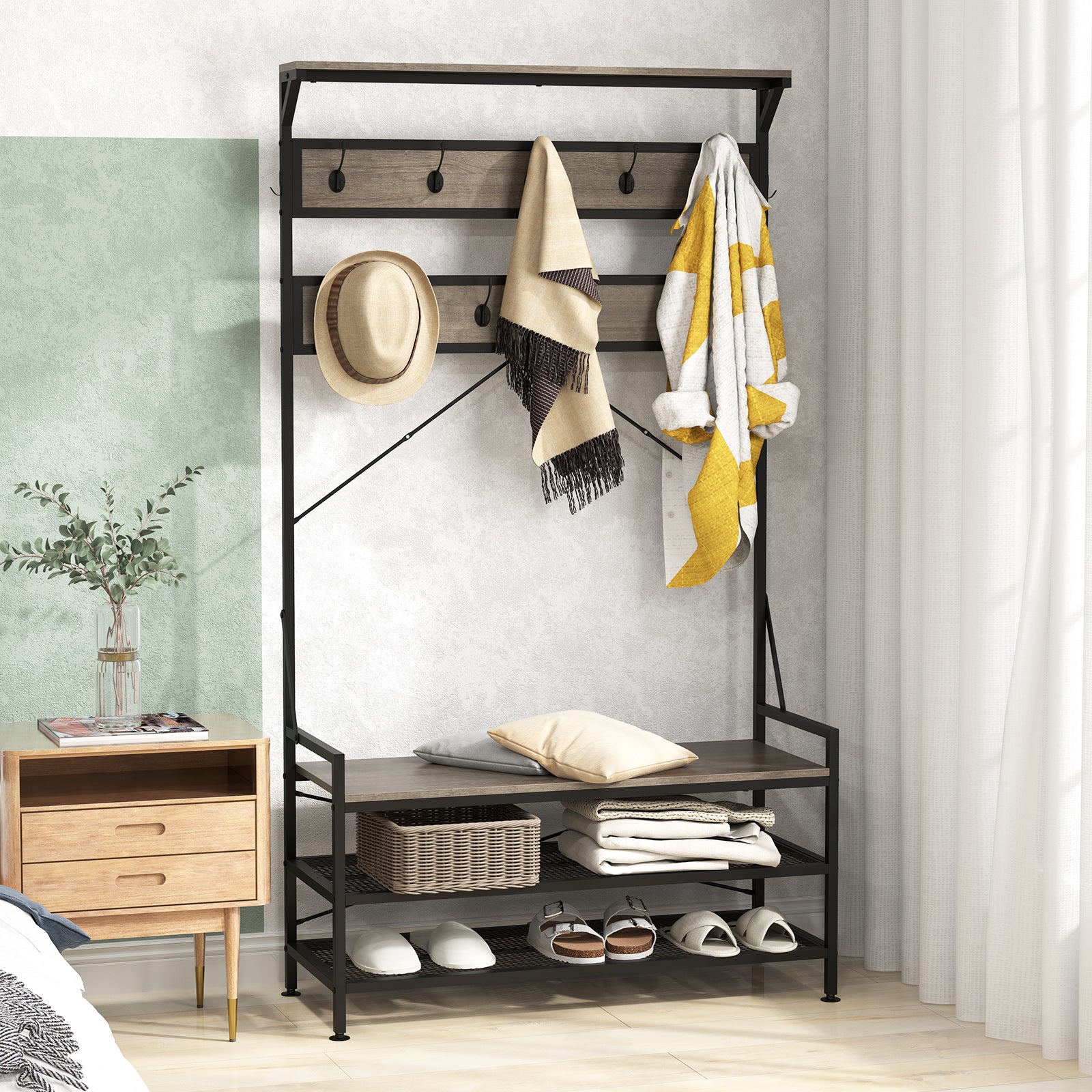 Coat Rack 4-In-1 Hall Tree with 11 Hanging Hooks Shoe Bench, Gray Coat Racks & Hall Trees at Gallery Canada
