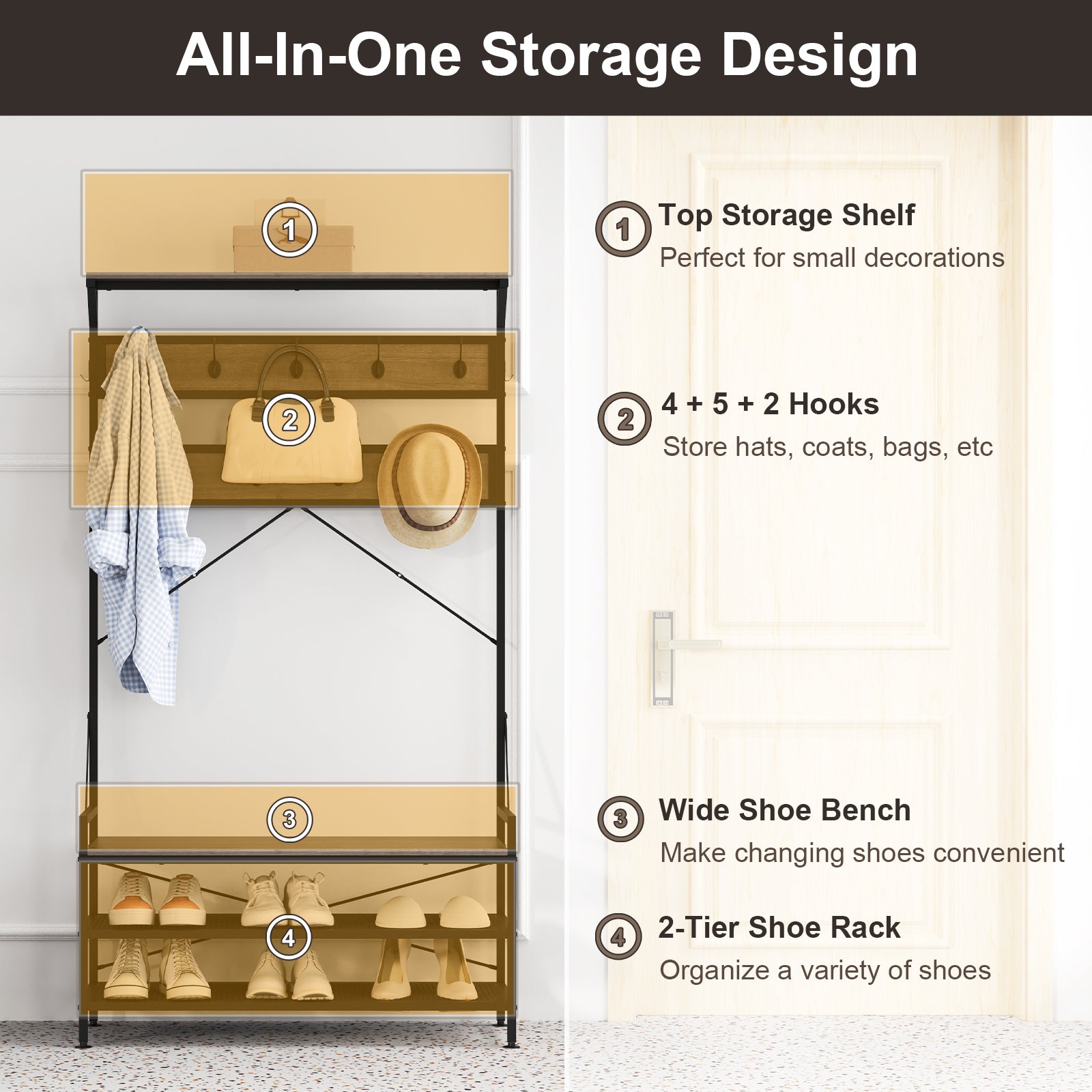 Coat Rack 4-In-1 Hall Tree with 11 Hanging Hooks Shoe Bench, Gray Coat Racks & Hall Trees at Gallery Canada
