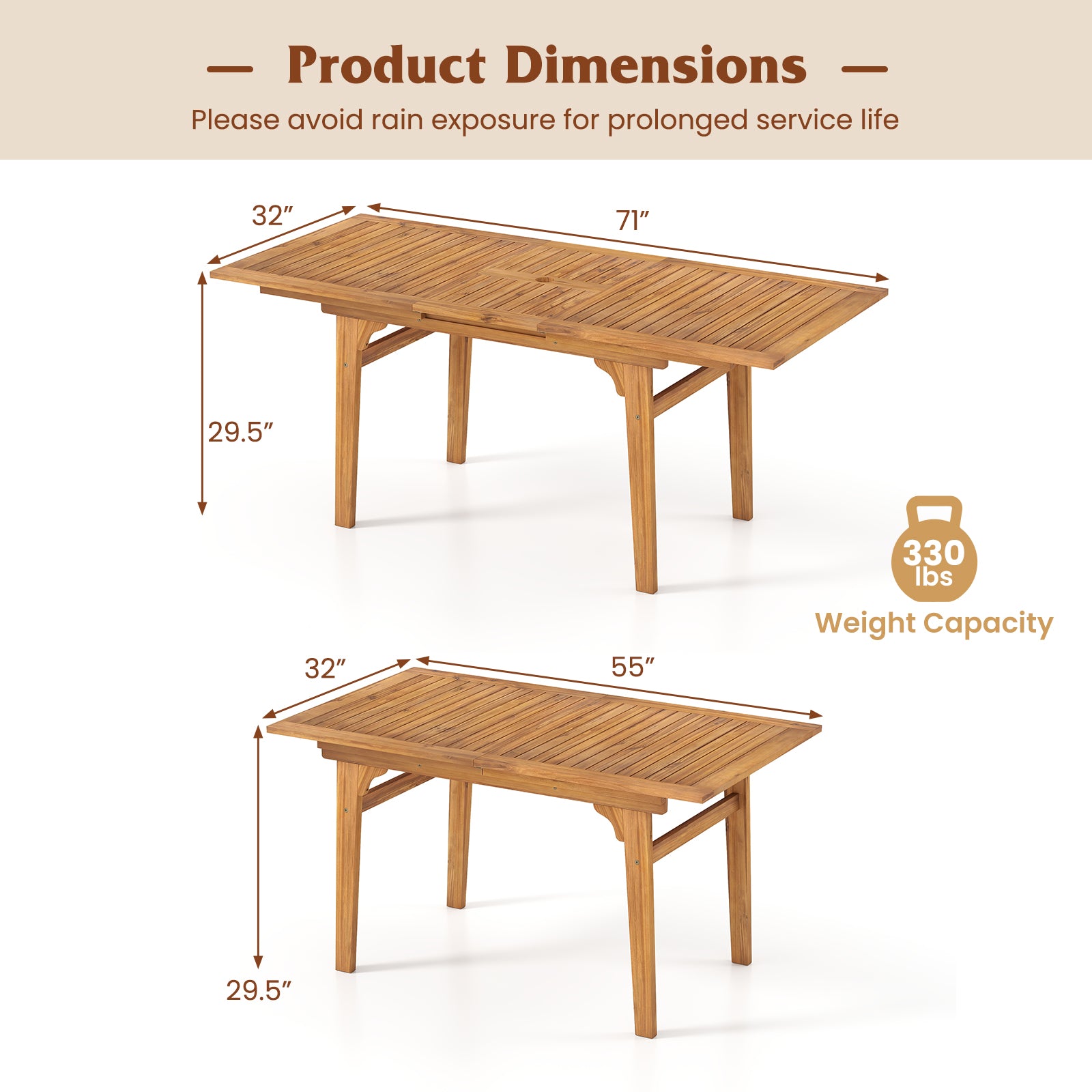 55 Inch Patio Dining Table Expandable for 6-8 People with Umbrella Hole, Natural Patio Dining Tables at Gallery Canada