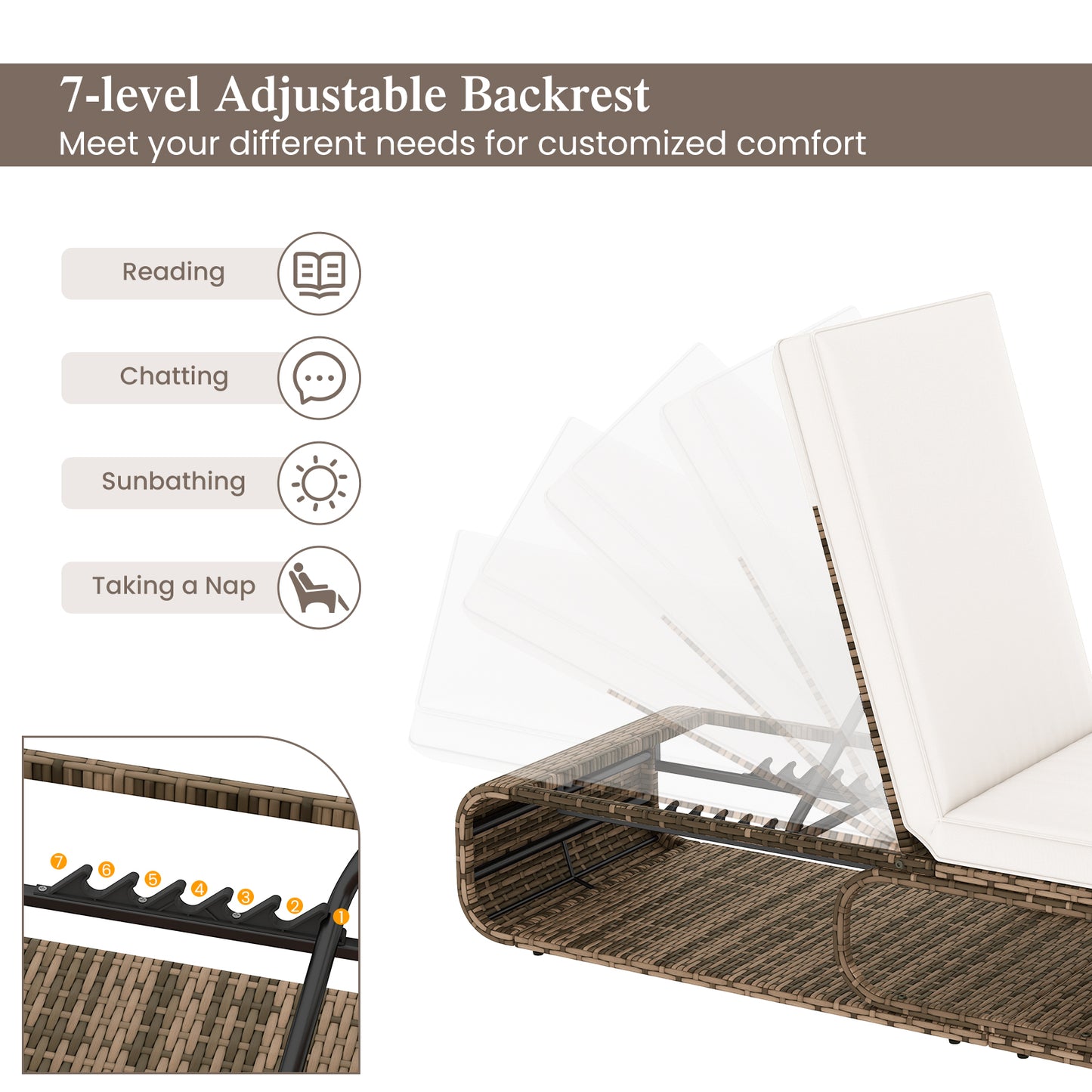 7-Position Adjustable PE Rattan Outdoor Chaise Lounge Chair, White Outdoor Chaise Lounges at Gallery Canada