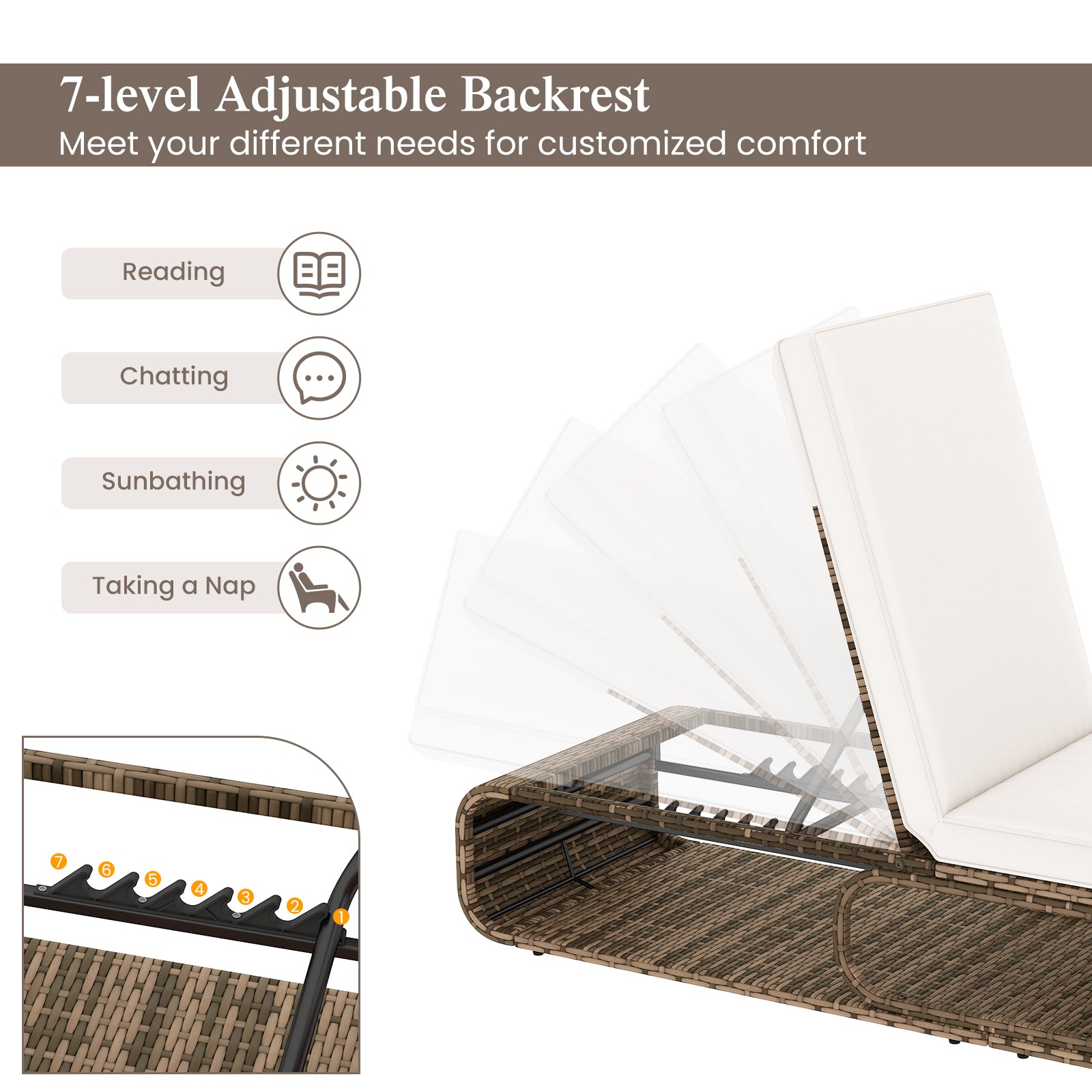 7-Position Adjustable PE Rattan Outdoor Chaise Lounge Chair, White Outdoor Chaise Lounges at Gallery Canada