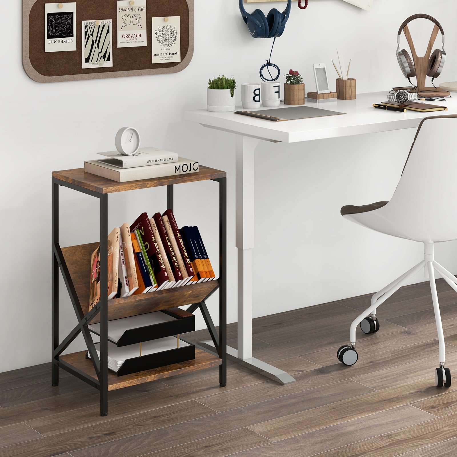 3-Tier Industrial Side Table, V-Shaped Bookshelf, Rustic Brown End & Side Tables at Gallery Canada