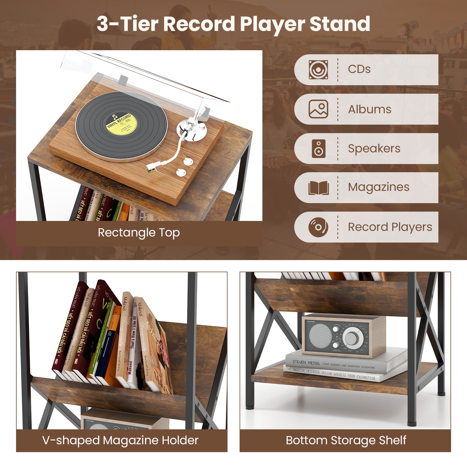 3-Tier Industrial Side Table, V-Shaped Bookshelf, Rustic Brown End & Side Tables at Gallery Canada