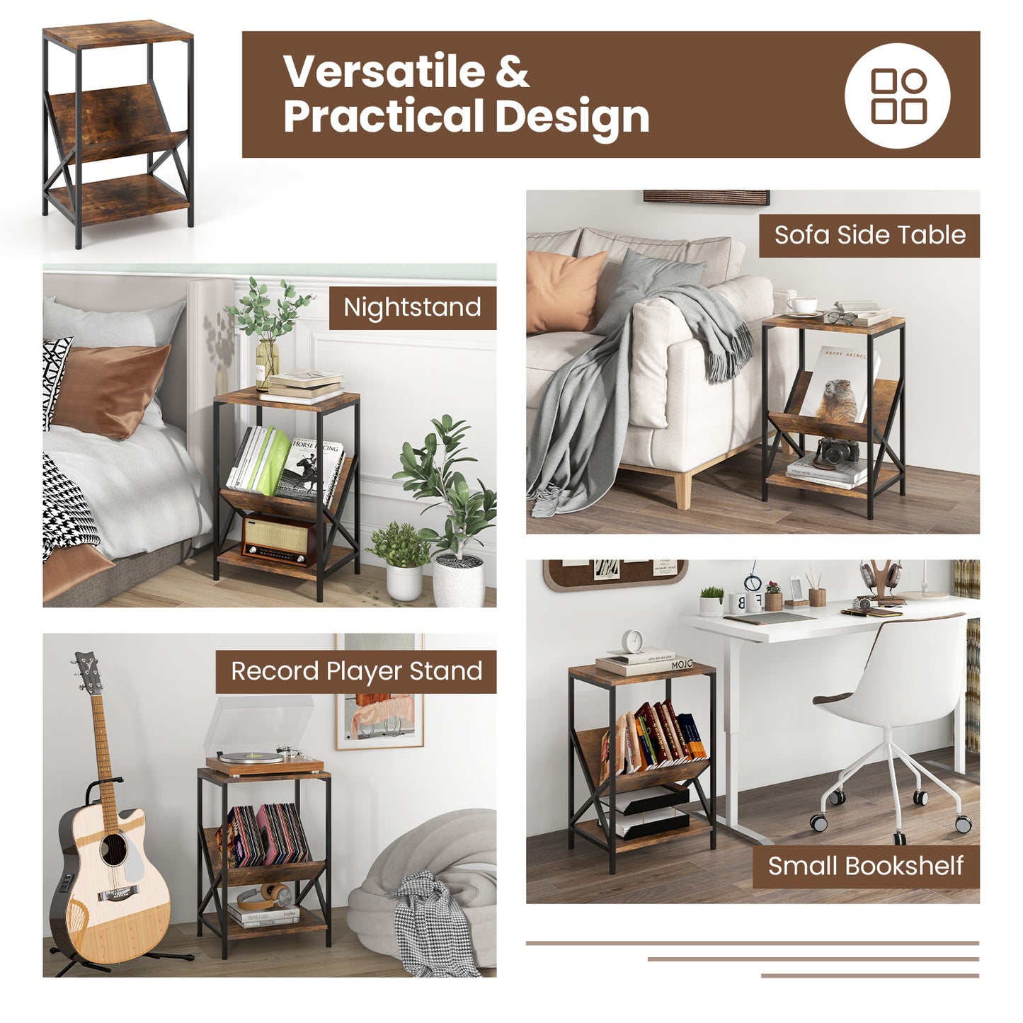 3-Tier Industrial Side Table, V-Shaped Bookshelf, Rustic Brown End & Side Tables at Gallery Canada