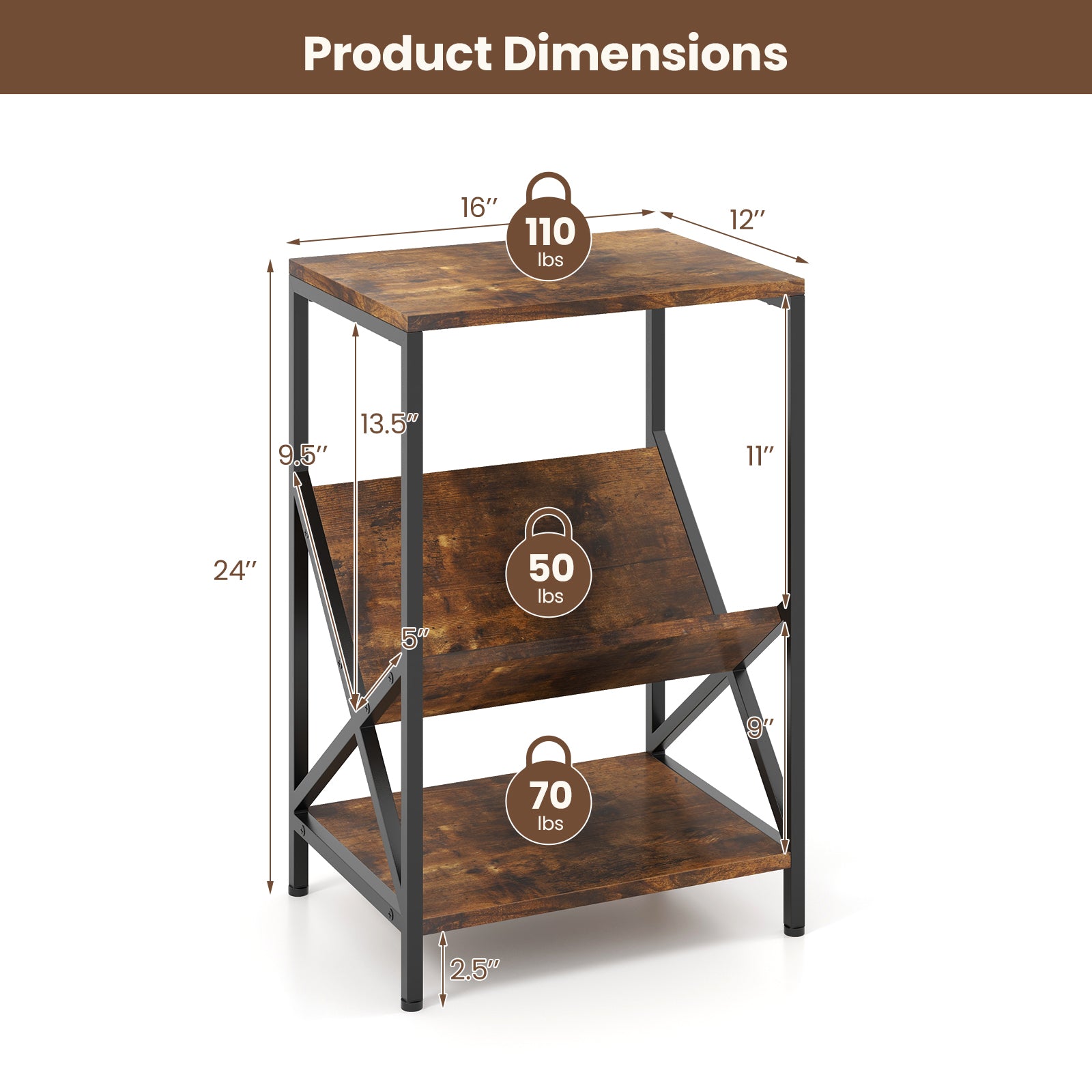 3-Tier Industrial Side Table, V-Shaped Bookshelf, Rustic Brown End & Side Tables at Gallery Canada