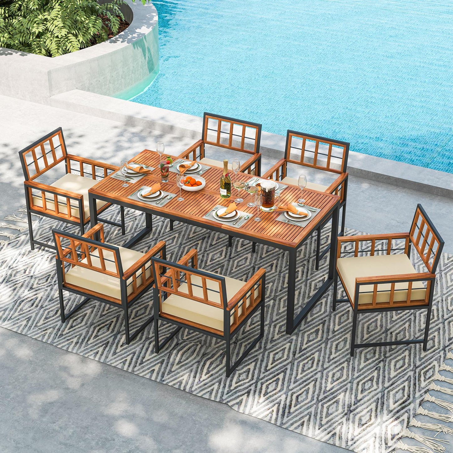 Set of 6 Patio Dining Chairs Acacia Wood Armchairs with Cushions, Beige Patio Dining Chairs at Gallery Canada