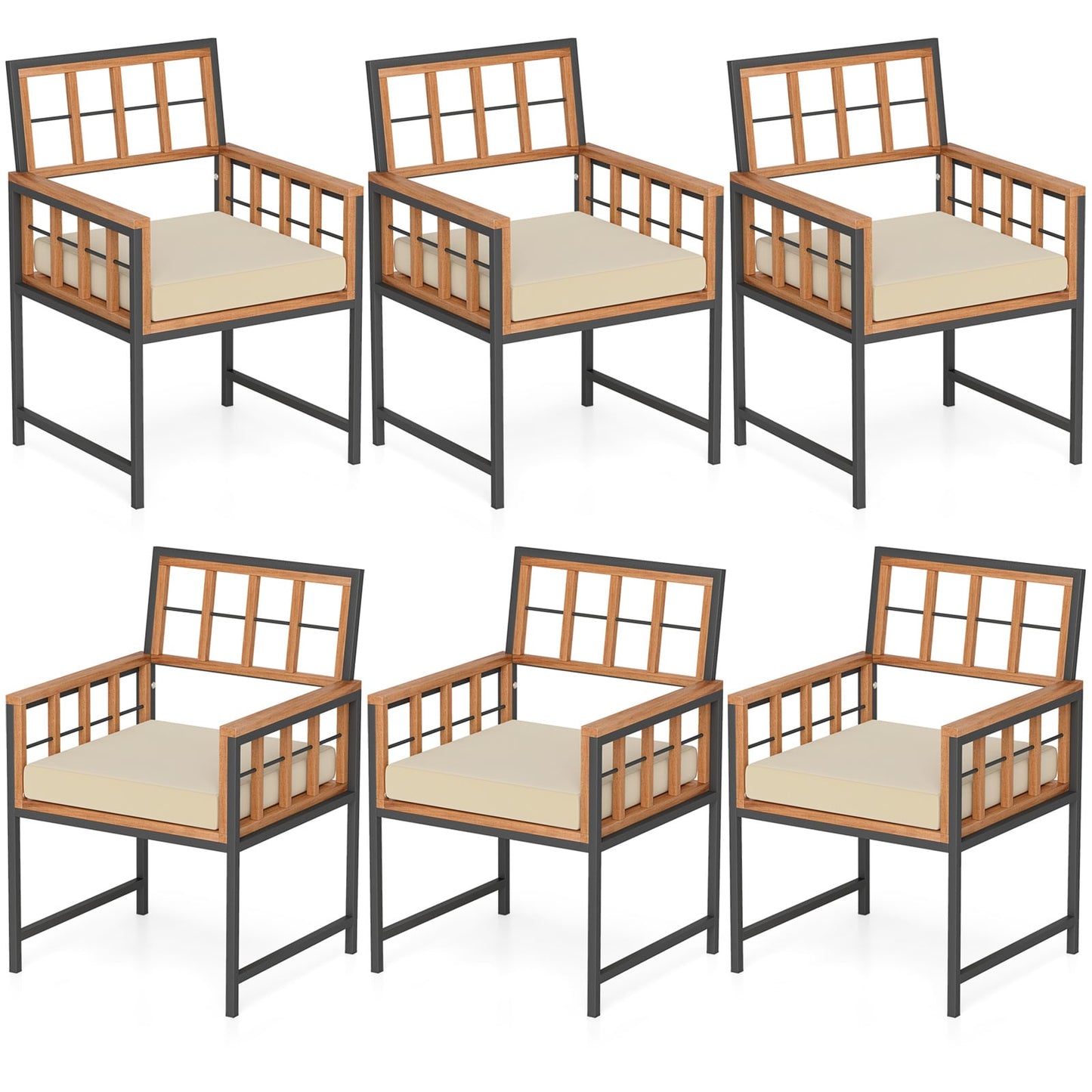 Set Of 6 Patio Dining Chairs, Acacia Wood Armchairs With Cushions, Beige