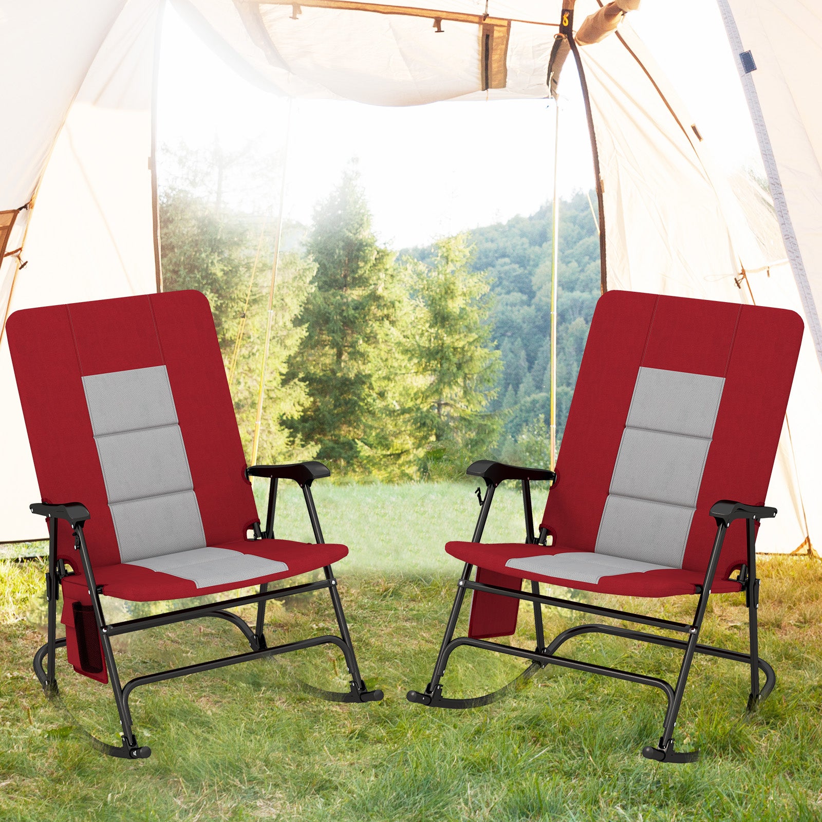 Foldable Rocking Padded Portable Camping Chair with Backrest and Armrest, Red Patio Rocking Chairs & Gliders at Gallery Canada