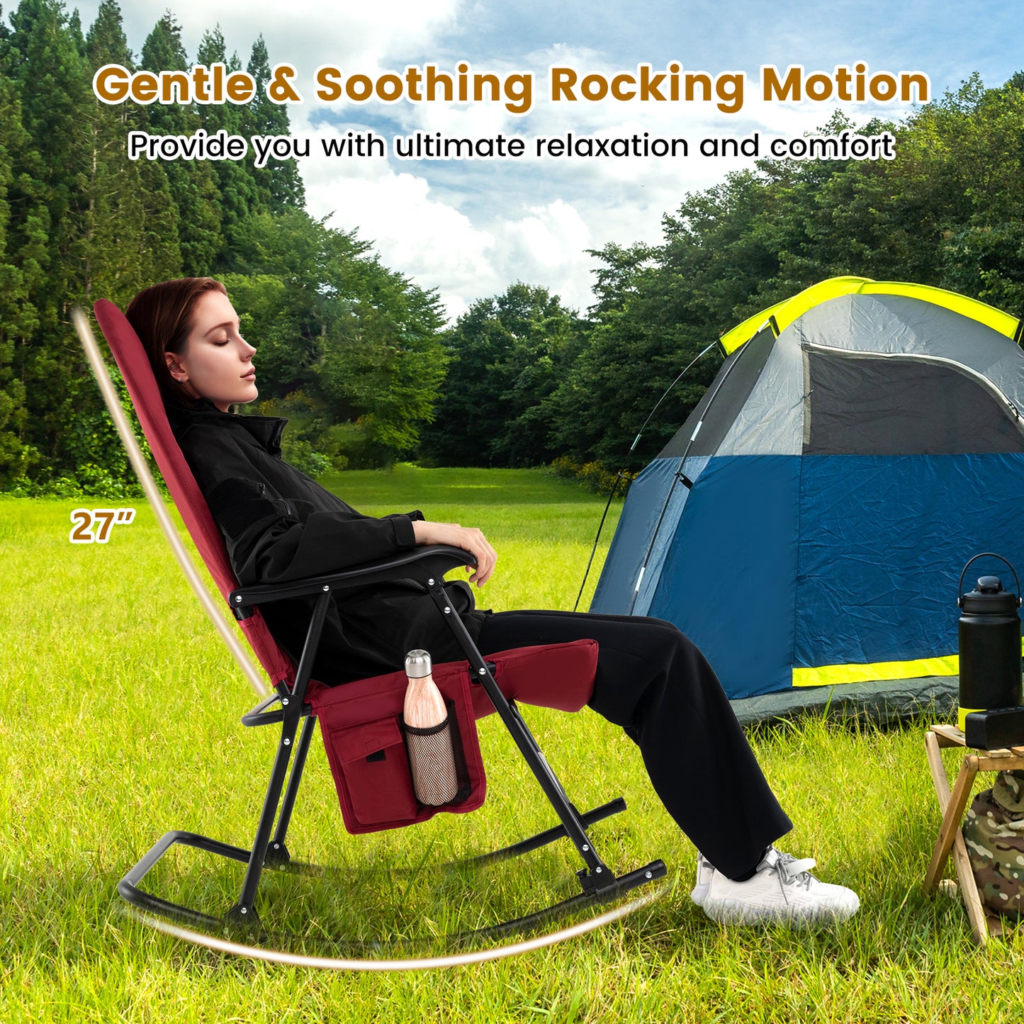 Foldable Rocking Padded Portable Camping Chair with Backrest and Armrest, Red Patio Rocking Chairs & Gliders at Gallery Canada