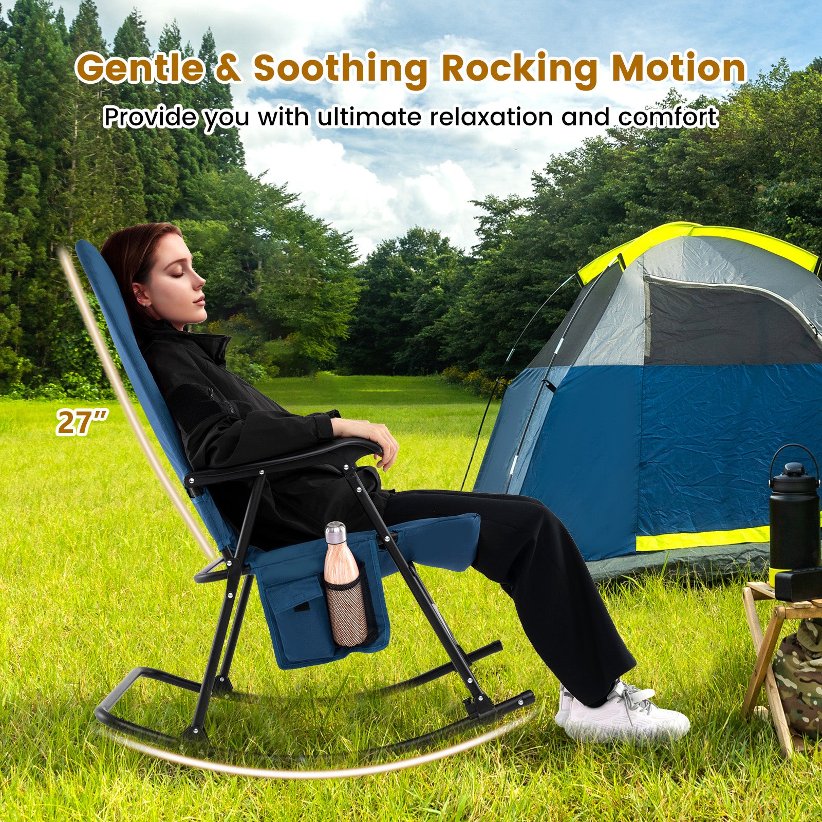 Foldable Rocking Padded Portable Camping Chair with Backrest and Armrest, Blue Patio Rocking Chairs & Gliders at Gallery Canada