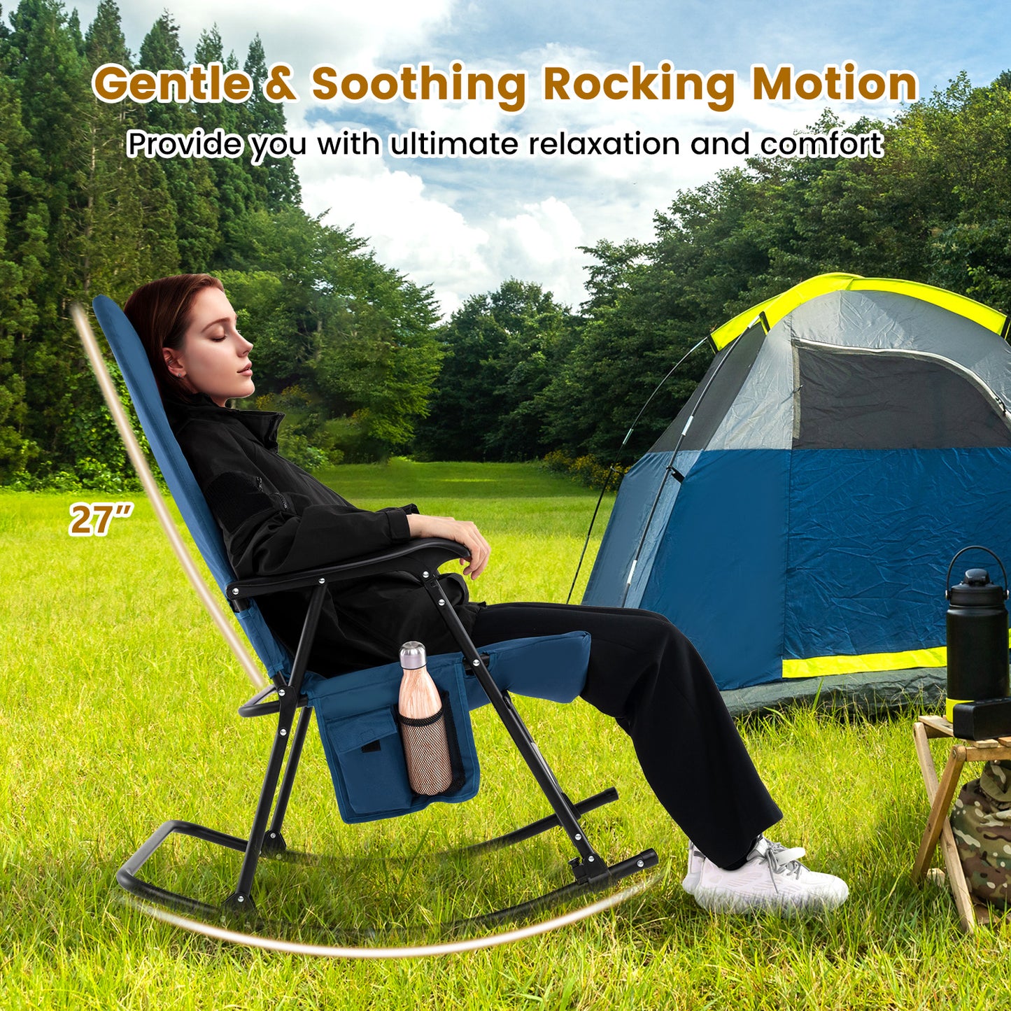 Foldable Rocking Padded Portable Camping Chair with Backrest and Armrest, Blue Patio Rocking Chairs & Gliders at Gallery Canada